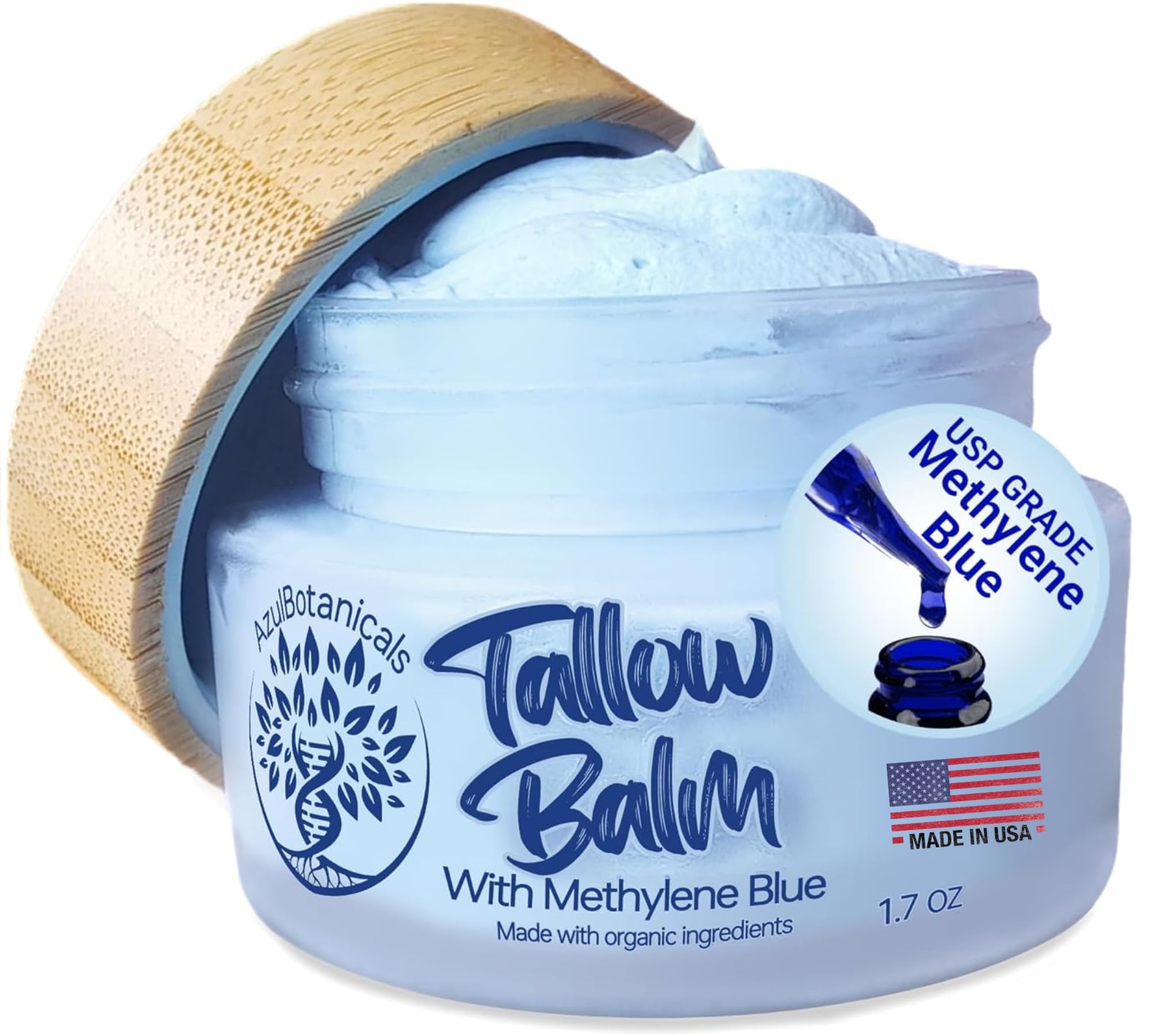 Methylene Blue Infused Whipped Grass Fed Beef Tallow Balm for Healthy Skin, Anti-Aging, Fullbody Moisturizer, Stretchmarks, Rosacea, Psoriasis, Eczema, Acne, All skin types, Organic Ingredients 1.7oz