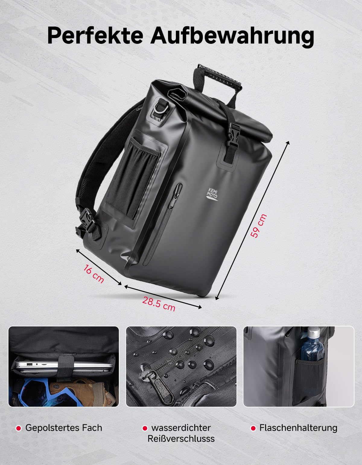 KEMIMOTO 27L Wasserdichter Fahrradtasche, 500D PVC Wasserdicht Gepäckträgertasche, Sichere Befestigung Laptopfach, 3 IN 1 Fahrradrucksack mit Tragegriff und Schultergurt, Rucksack und Umhängetasche