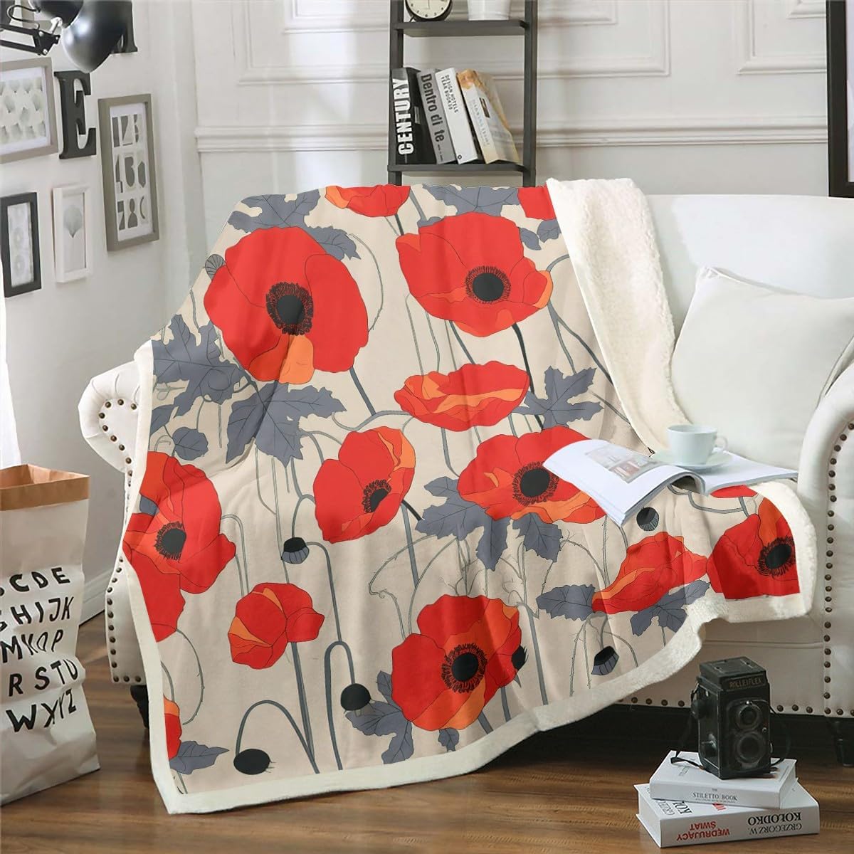 Feelyou Poppy Flower Fleece Throw Blanket Throw 50"x60" Kids Garden Floral Bltanical Sherpa Blanket Plush Fuzzy for Bed Couch Chair Living Room