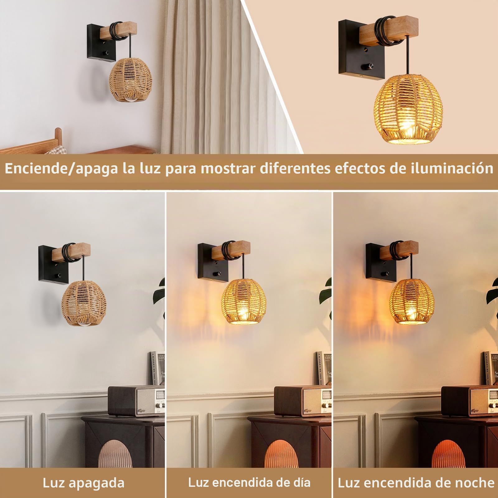 E27 Aplique de Pared de Ratán con Interruptor Ø14CM (Sin Bombillas) | Lámpara de Pared Interior E27, Madera y Ratán Luz de Pared Retro para Dormitorios Salas de Estar Salón
