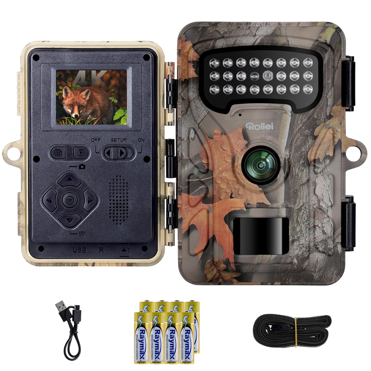 Rollei Wildkamera HD-30, 48MP 4K Wildtierkamera mit Bewegungsmelder Nachtsicht Infrarot Jagdkamera mit Akku & 2'' IPS-Display 0,4s Auslösezeit IP54 Überwachungskamera mit Passwort Schutz für Jagd Wald