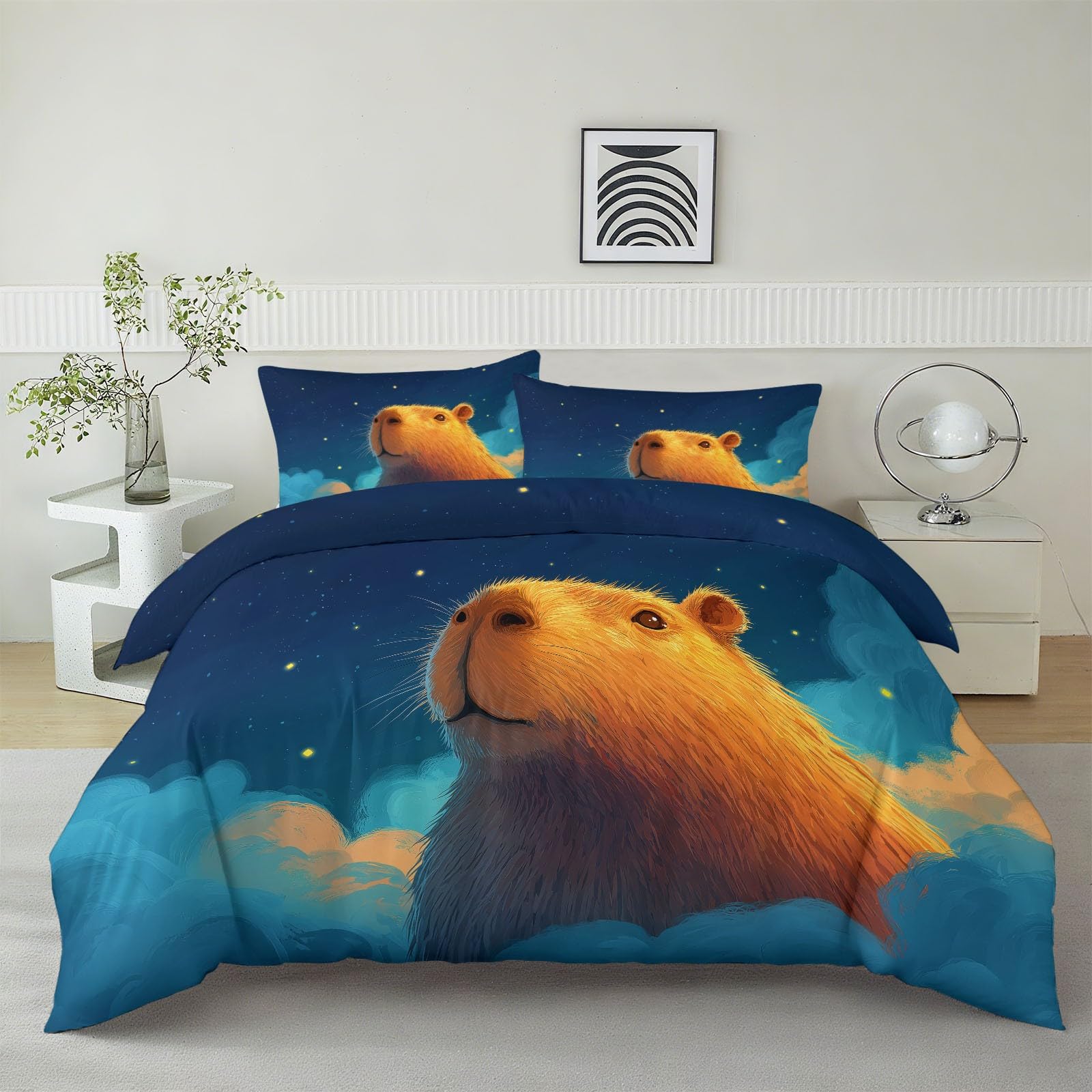 Generisch Capybara Pościel 200 x 200 cm, 3-częściowa, słodkie kreskówki zwierzęta, poszewka na kołdrę i 2 poszewki na poduszkę 80 x 80 cm, przytulna, niebieska, pościel z zamkiem błyskawicznym