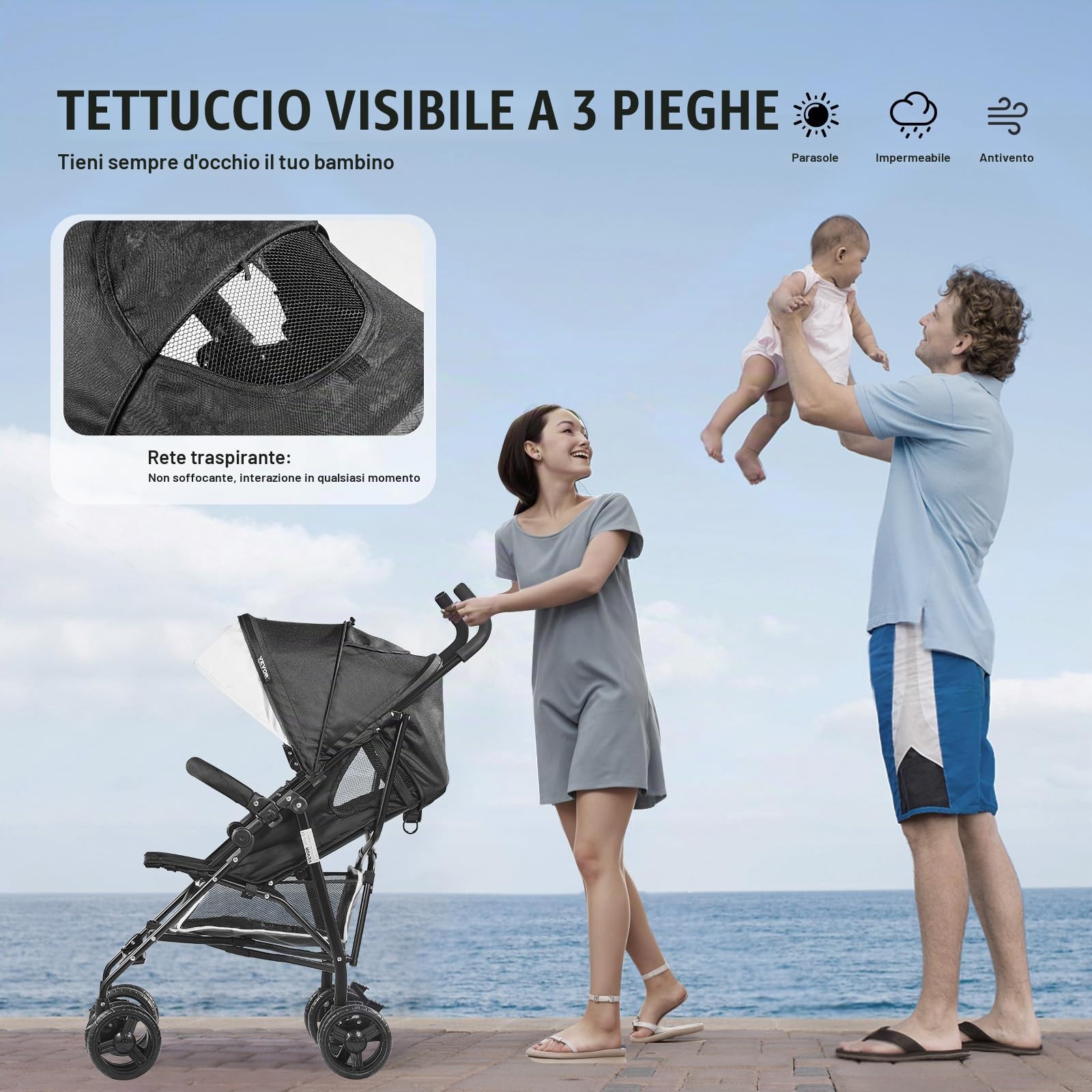 VEVOR Passeggino Leggero, 1170 x 340 x 240 mm Passeggino per Bambini a Ombrello, Schienale Reclinabile Multiposizione, Telaio in Acciaio Carbonio, Ampio Cestino Portaoggetti, per Viaggi, Nero/Bianco