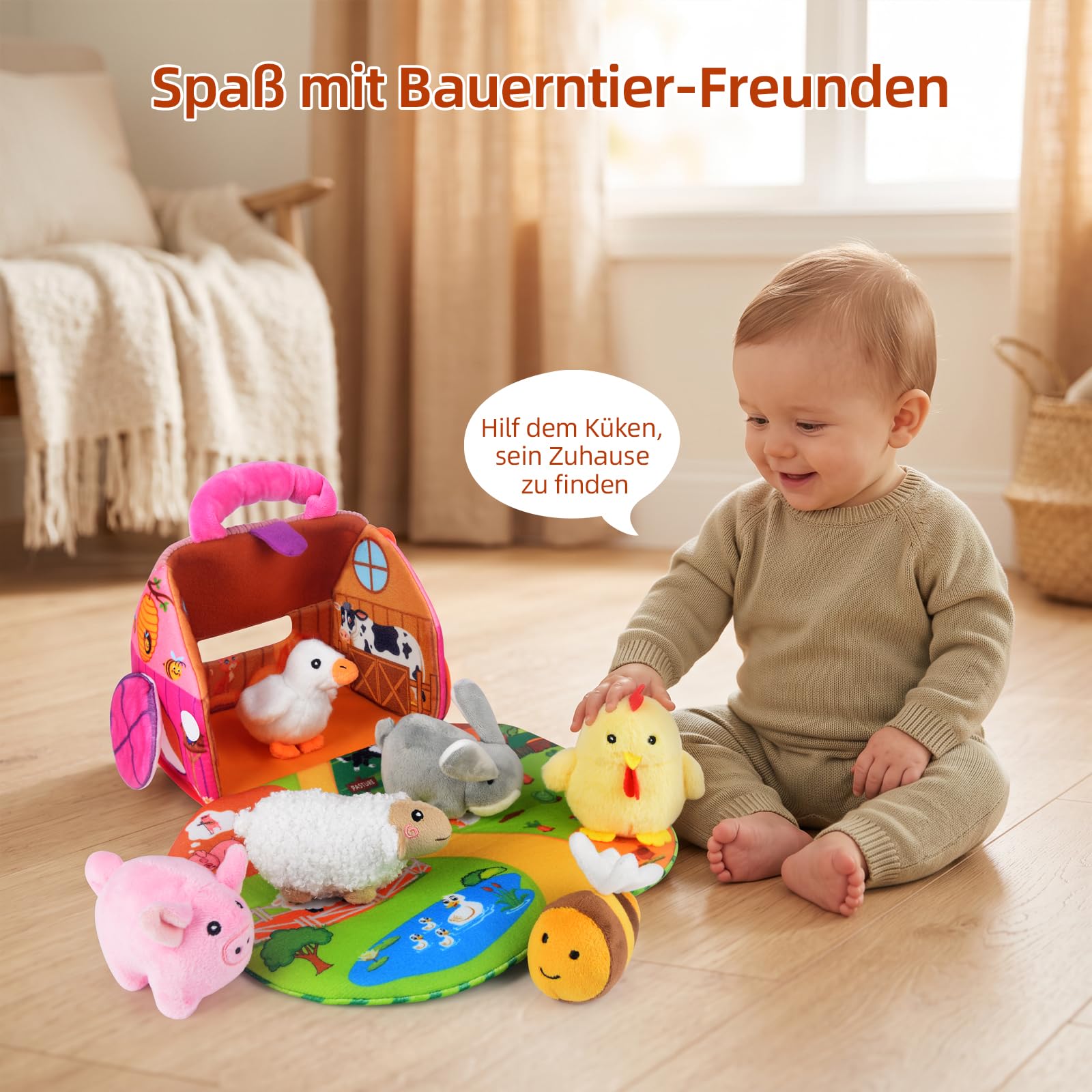 Baby Bauernhof Spielzeug ab 6 Monate, mit 6 Sensorik Plüschtiere und Faltbare Scheune, Quietsch & Rassel Montessori Spielzeug Baby, Geschenk für 6 9 12 Monate 1 Jahr Junge Mädchen