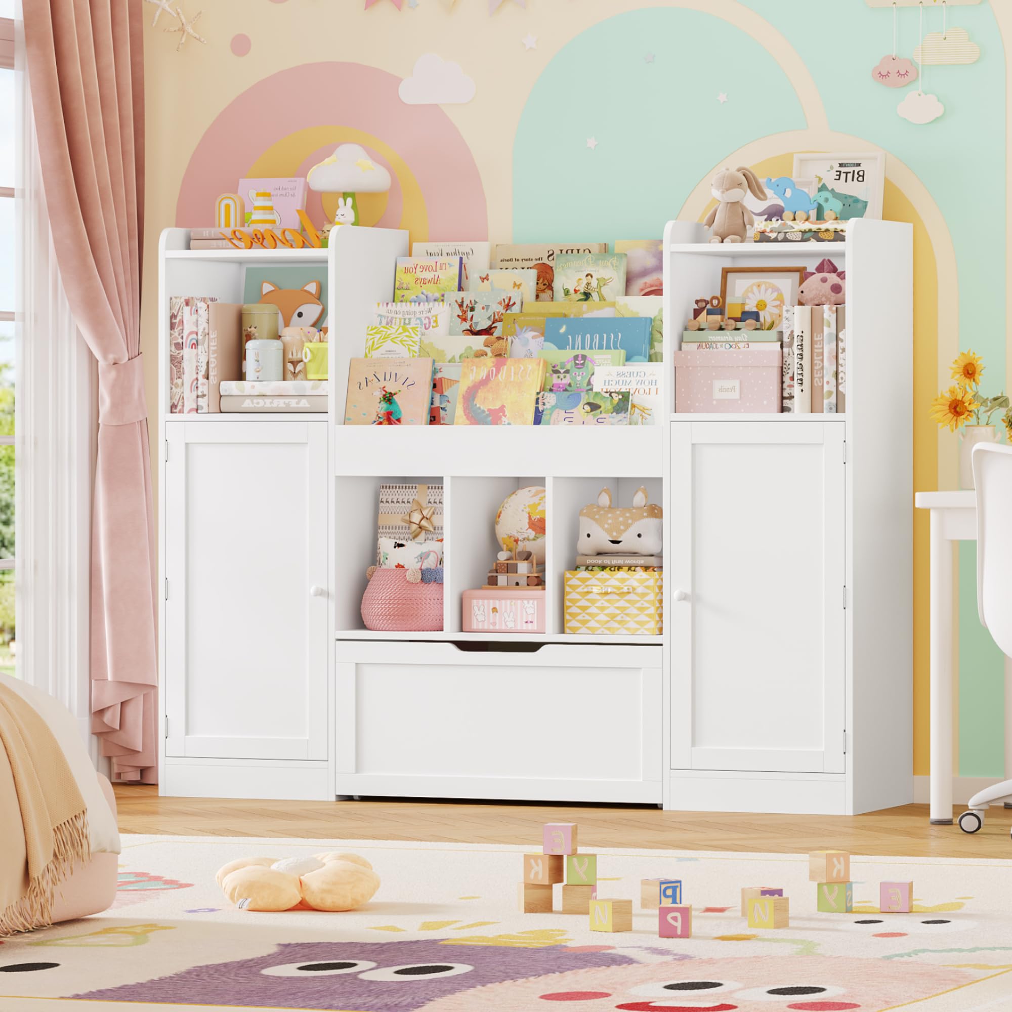 FOREHILL 140cm Breit Kinderregal, Kinderzimmer Möbel, Bücherregal Kinder | Kinderregal mit Boxen auf Rollen, Kindershrank mit 5 Einlegeböden, Spielzeugregal für Kindergarten, 140x108x30cm Weiß