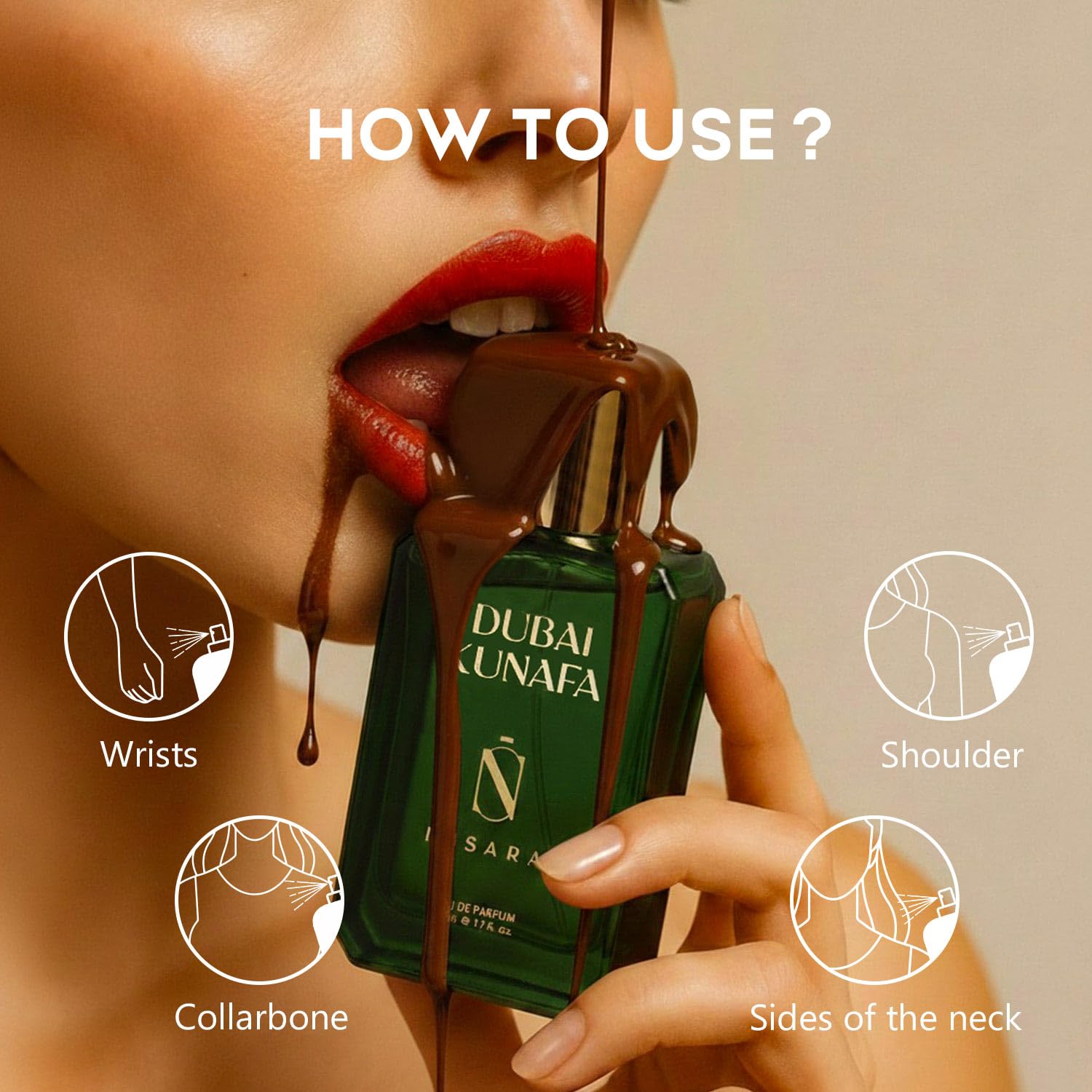 Nisara Dubai Kunafa Eau De Parfum Gourmand Oriental Sweet Luxury Perfume with Pistachio, Peach, Jasmine, Vanilla & Chocolate Notes | Long Lasting Unisex Fragrance | Premium Dessert-Inspired Scent for Evening & Special Occasions (EDP) 3