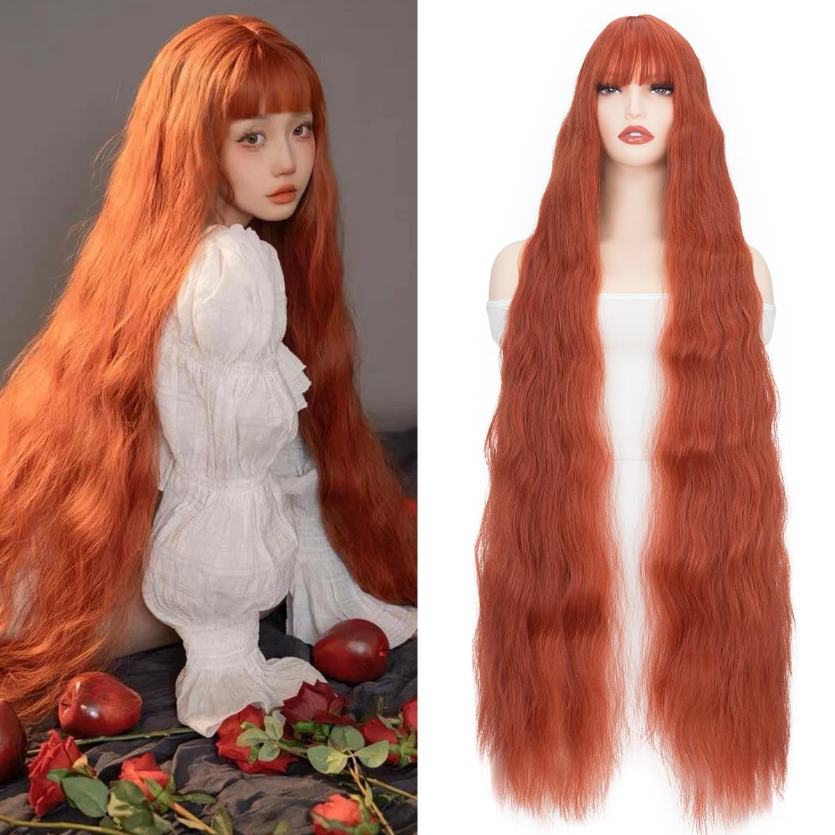 Yamel Extra Long Corn Curly Burnt Orange Wigs for Women Cosplay Costume Synthetic 39 inch Lolita Wig With Bangs