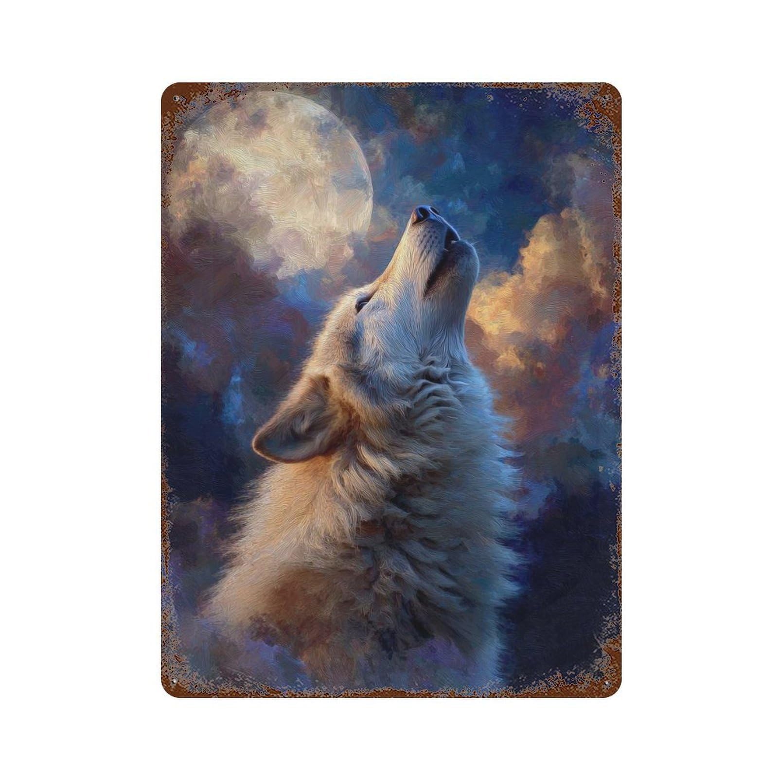 Wolf Howling at The Moon Painting Vintage Wall Sign 15.7"x11.8", Rust Effect Metal Decor for Cafe, Home Bar And Lounge Decor