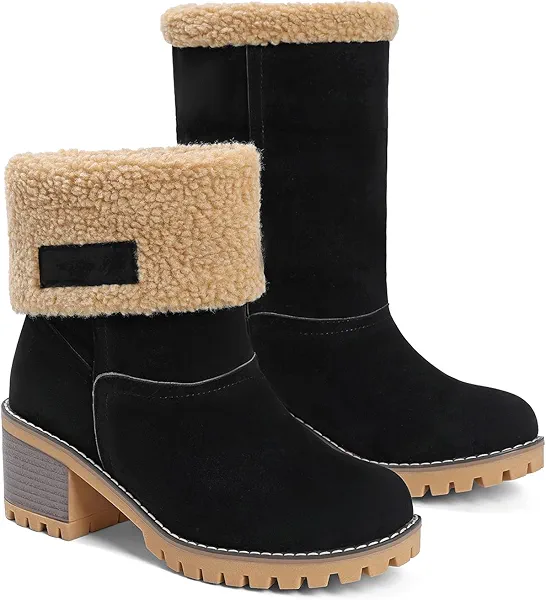 AOSPHIRAYLIAN Snow Boots for Women Chunky Heel Womens Winter Boots Fur Lined Slip on Warm Shoes for Women