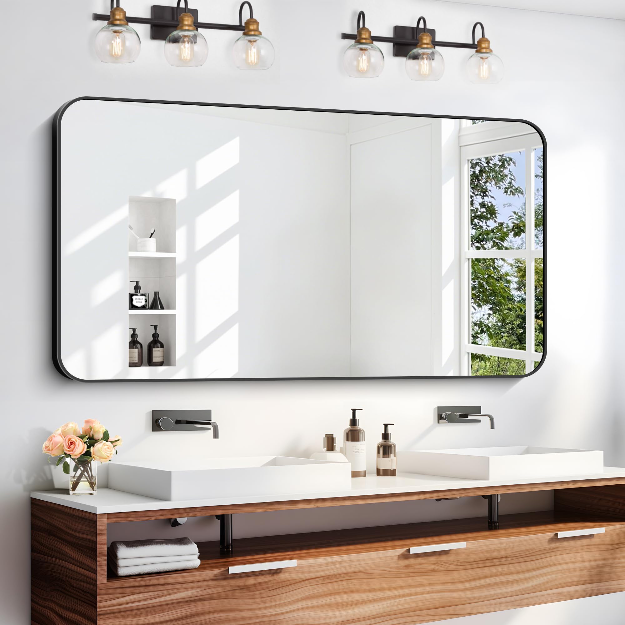 DESBING 24" x 48"Bathroom Mirror, Matte Black Wall Mirror with Metal Frame, Decorative Rectangular Vanity Mirror for Bedroom Bathroom Living Room Entryway (Horizontal/Vertical)