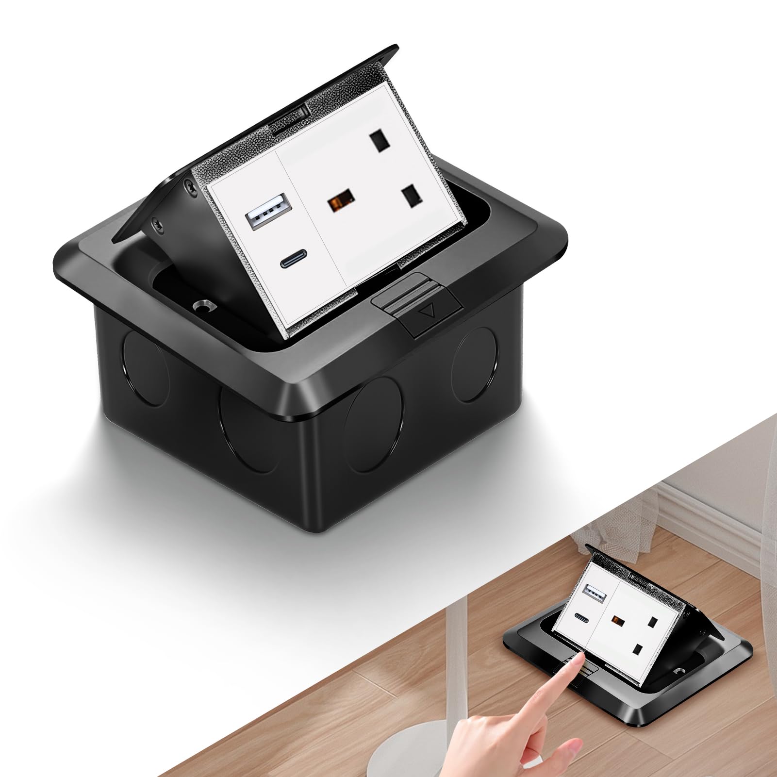 Pop Up Floor Socket Box with Waterproof Cover, Recessed Tabletop Power Outlet for Office Kitchen Restaurant, Customisable with 2 USB/USB-C/RJ45/Blank Ports (USB-A+USB-C, Black)