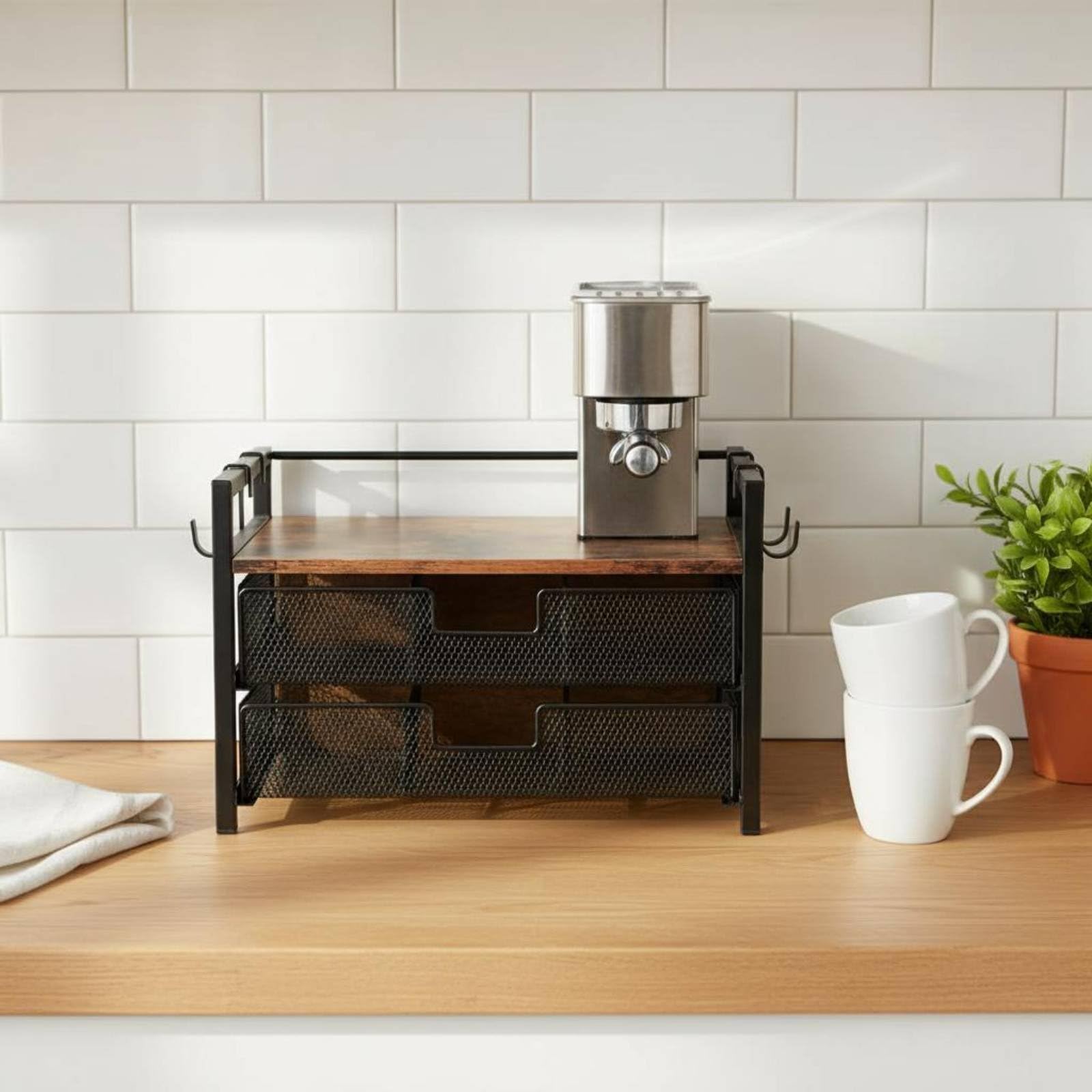 Portacapsule Caffè Doppio Strato Salvaspazio Organizzatore Capsule Caffè in Griglia Scorrevole da Organizzare Supporto in Legno Rustico per Cucina