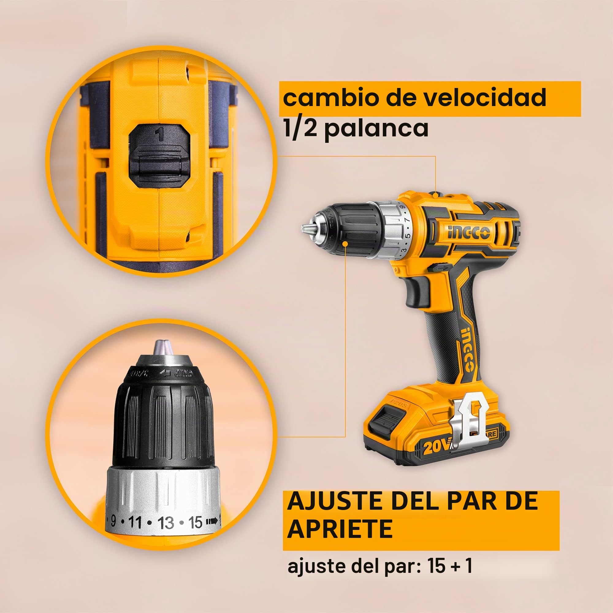 INGCO 20V Taladro Atornillador, Taladro Percutor a Batería, 2 x 2.0Ah Baterías Litio, 45Nm Máx, 15+1 Ajuste de Par, 2 Velocidad, LED Luz Para Hogar, 47 pzas Accesorios CDLI2002