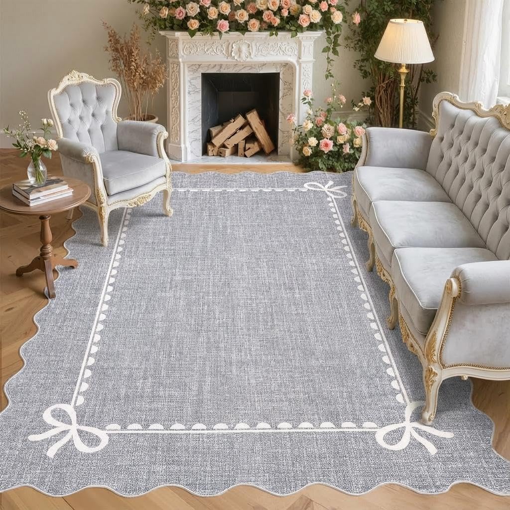 CAROMIO Scalloped Rug for Living Room 160x230 cm, Washable Area Rug with Bow Design, Low Pile Non Slip Ultra Thin Floor Mat for Lounge Bedroom, Grey — image 1