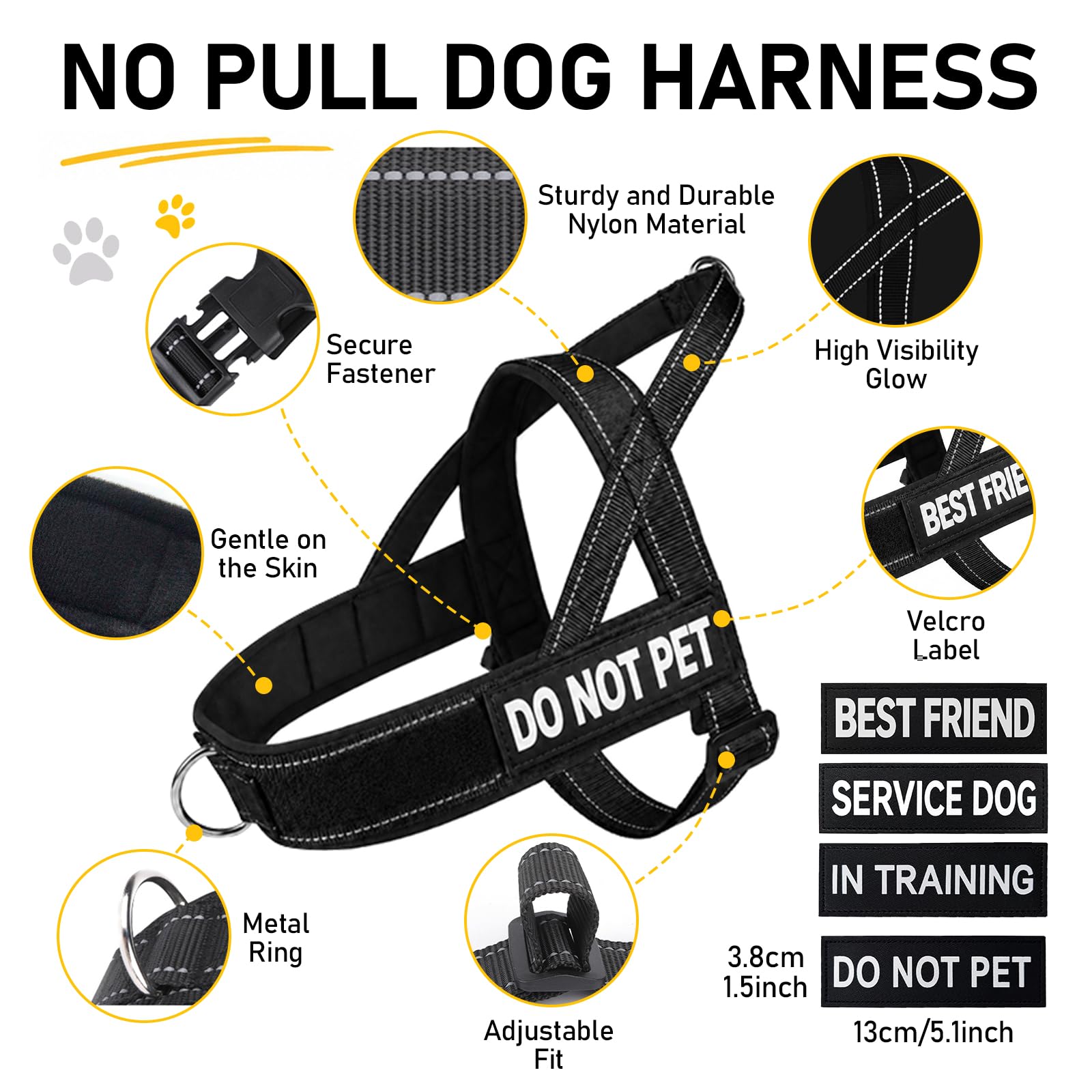 Harnais Chien Anti Traction Réglable, Harnais pour Chien avec Poignée de Contrôle, Harnais de Sécurité Réfléchissant avec Anneau Devant et Dos, Harnais pour Chien Moyen Grand Noir L