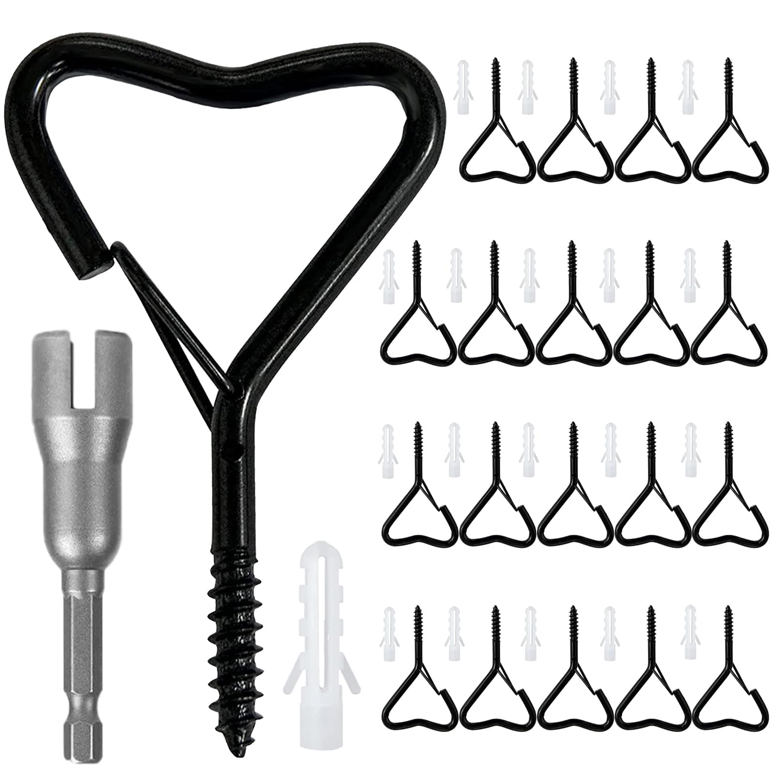 Ticway Black 20 Pack Q-Hanger Hooks, Screw Hooks For Outdoor String Lights Heart Love Eye Hook Heavy Duty Safety Buckle Windproof Hooks For Hanging Plants With Wing Nut Driver,