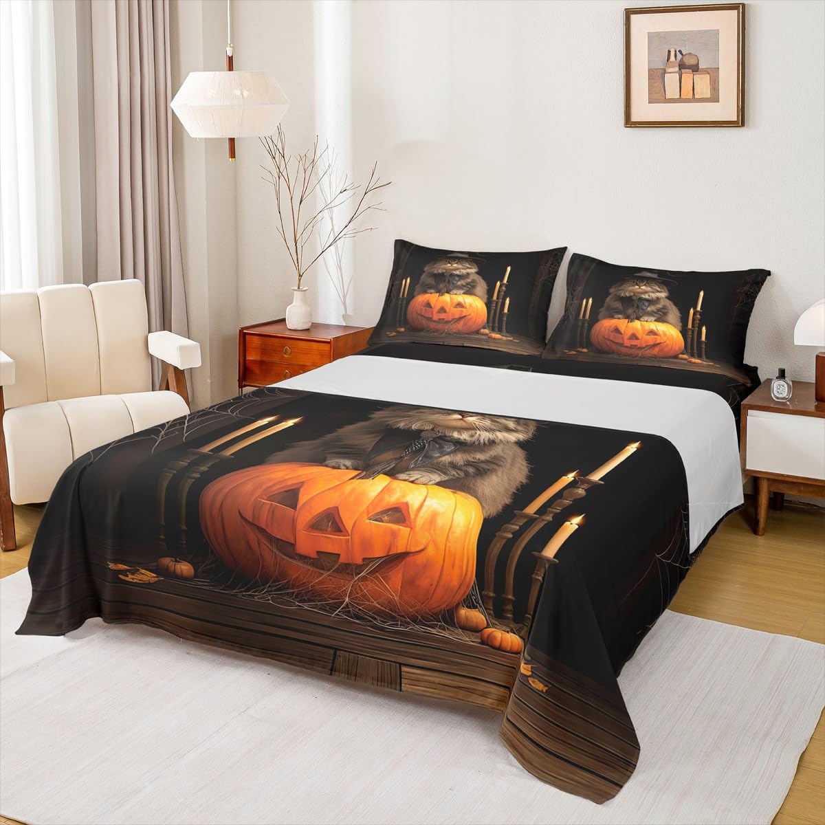 jejeloiu Eve of All Saint's Day Pumpkin Sheets with Deep Pocket Fitted Queen Size Halloween Themed Sprider Sheet Set Children Cat with Witch's Hat Bed Set Room Decor Breathable Soft All Season 3Pcs