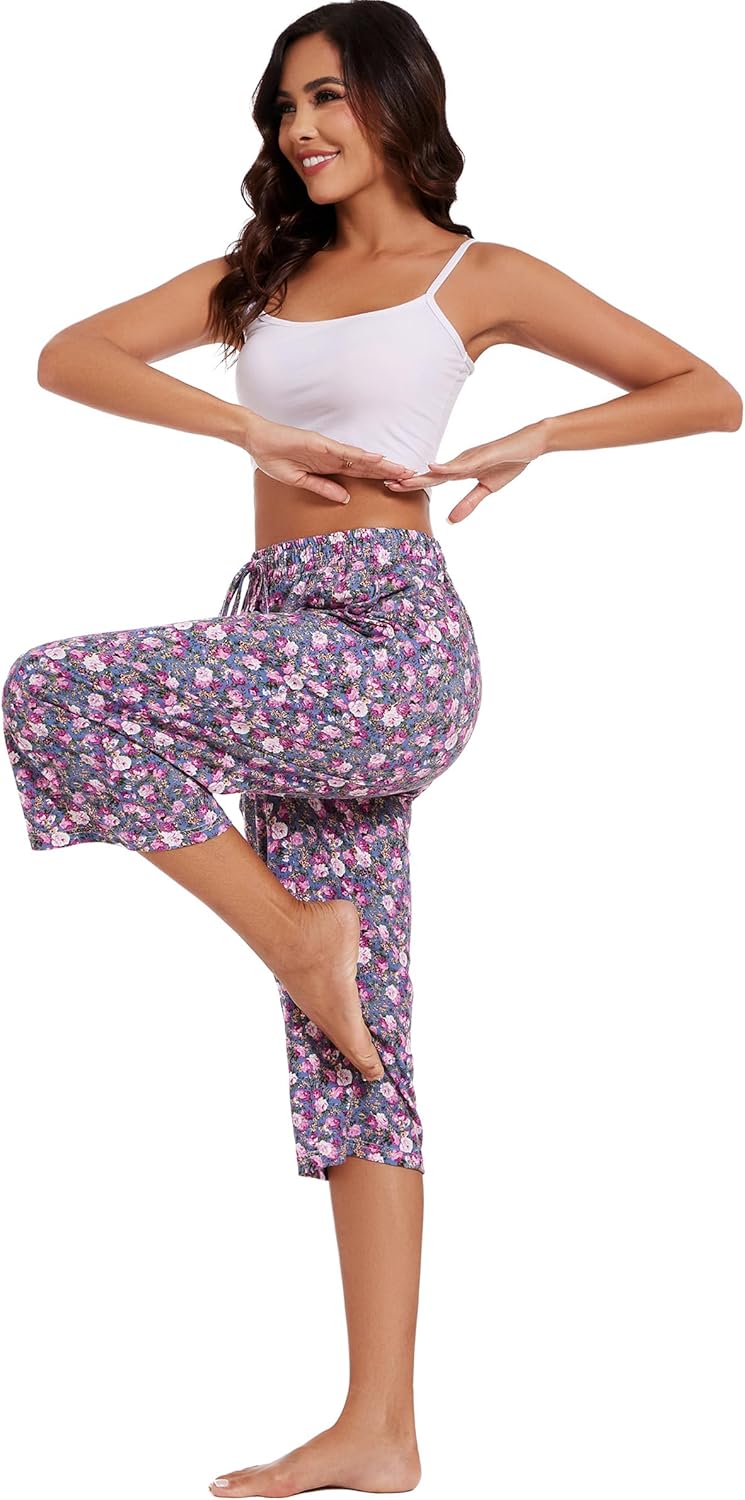 2 Pack Womens Pajama Pants Capri Sleep Lounge Pants Drawstring Pj Bottoms with Pockets - Image 5