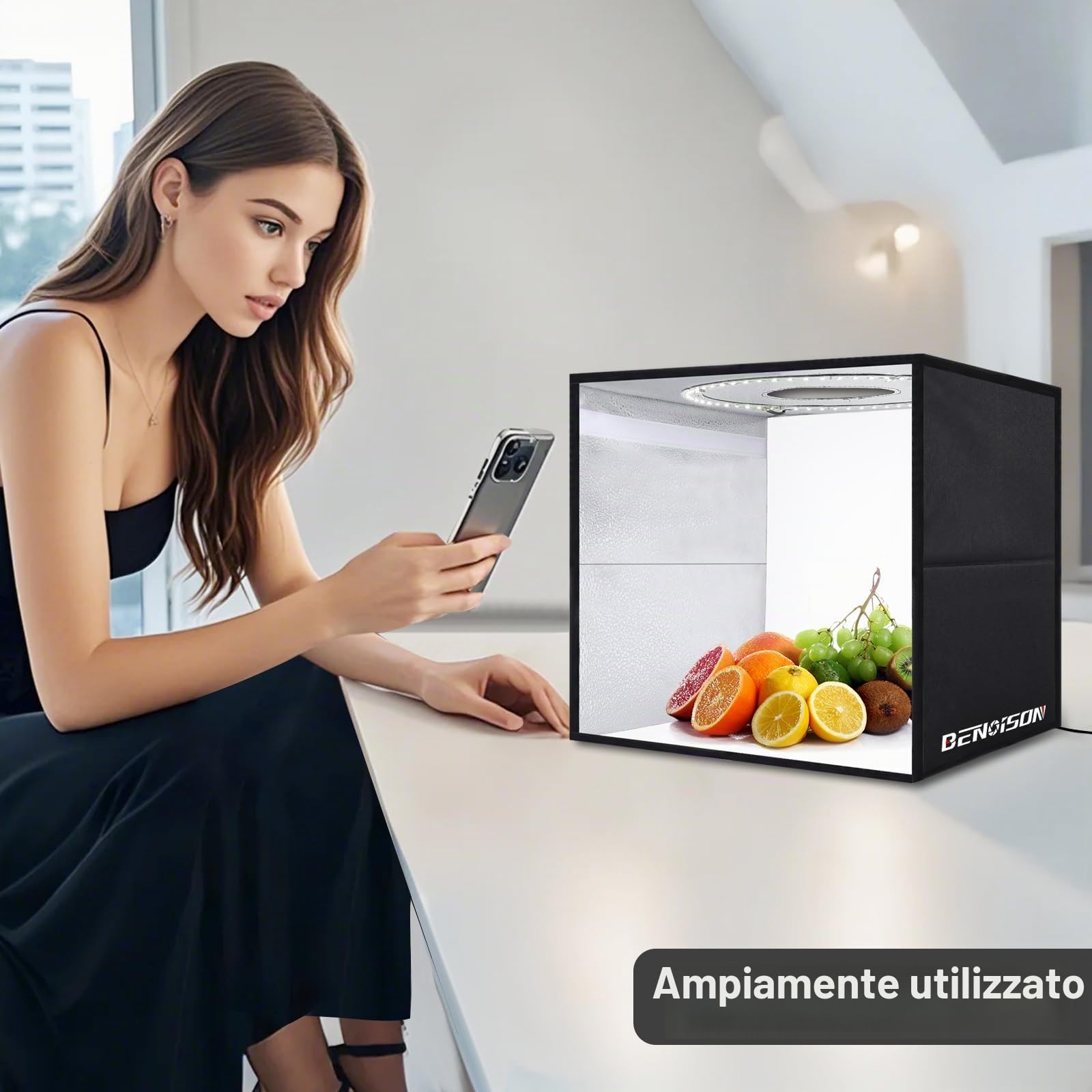Light Box Fotografico 40x40 cm, Set Studio Fotografico Portatile con 120 LED Luci Regolabili, 6 Sfondi Lisci per Fotografare Prodotti Gioielli/Cosmetici/Alimentari