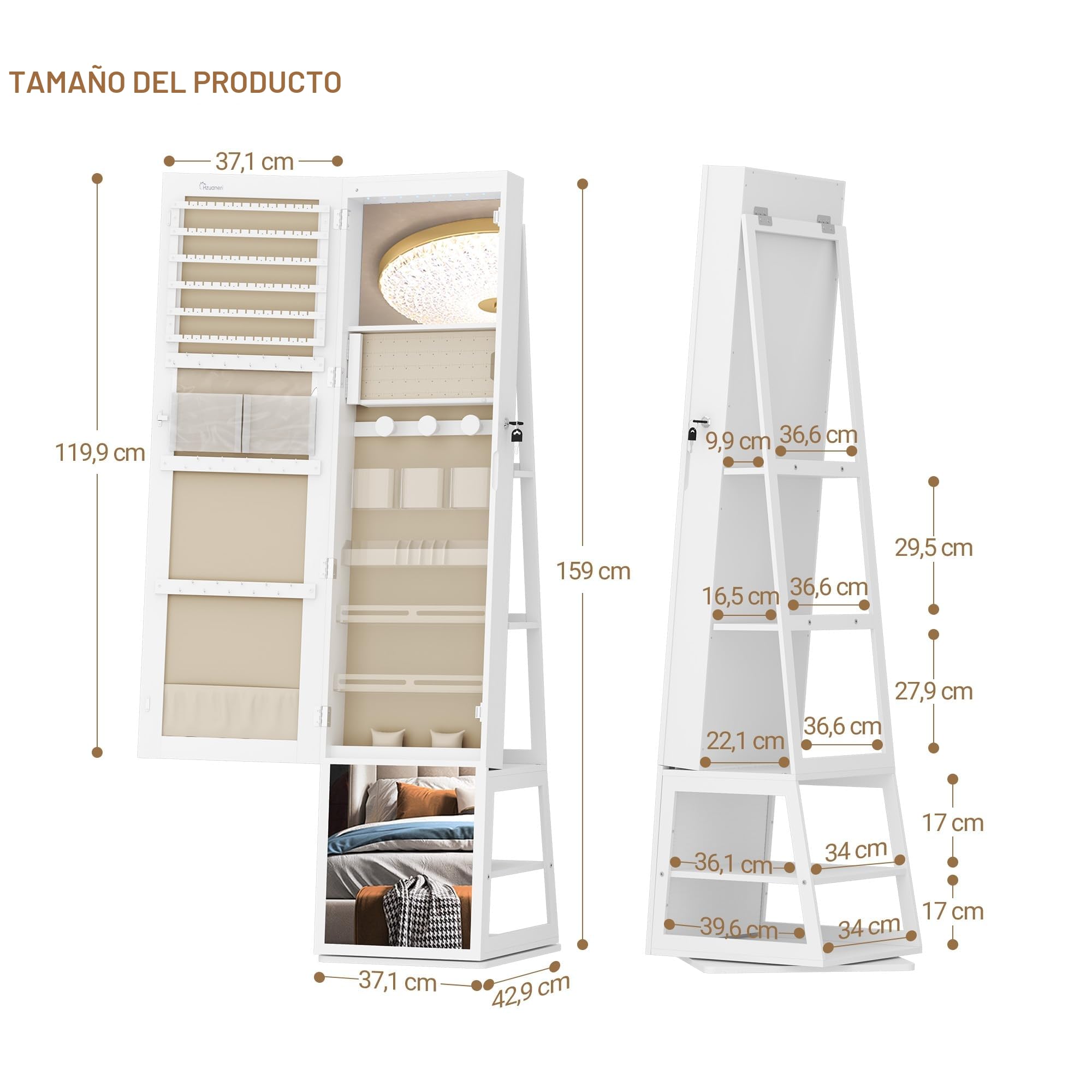 Espejo Joyero con 8 LEDs y Giro 360°, Armario de Almacenaje Blanco Beige