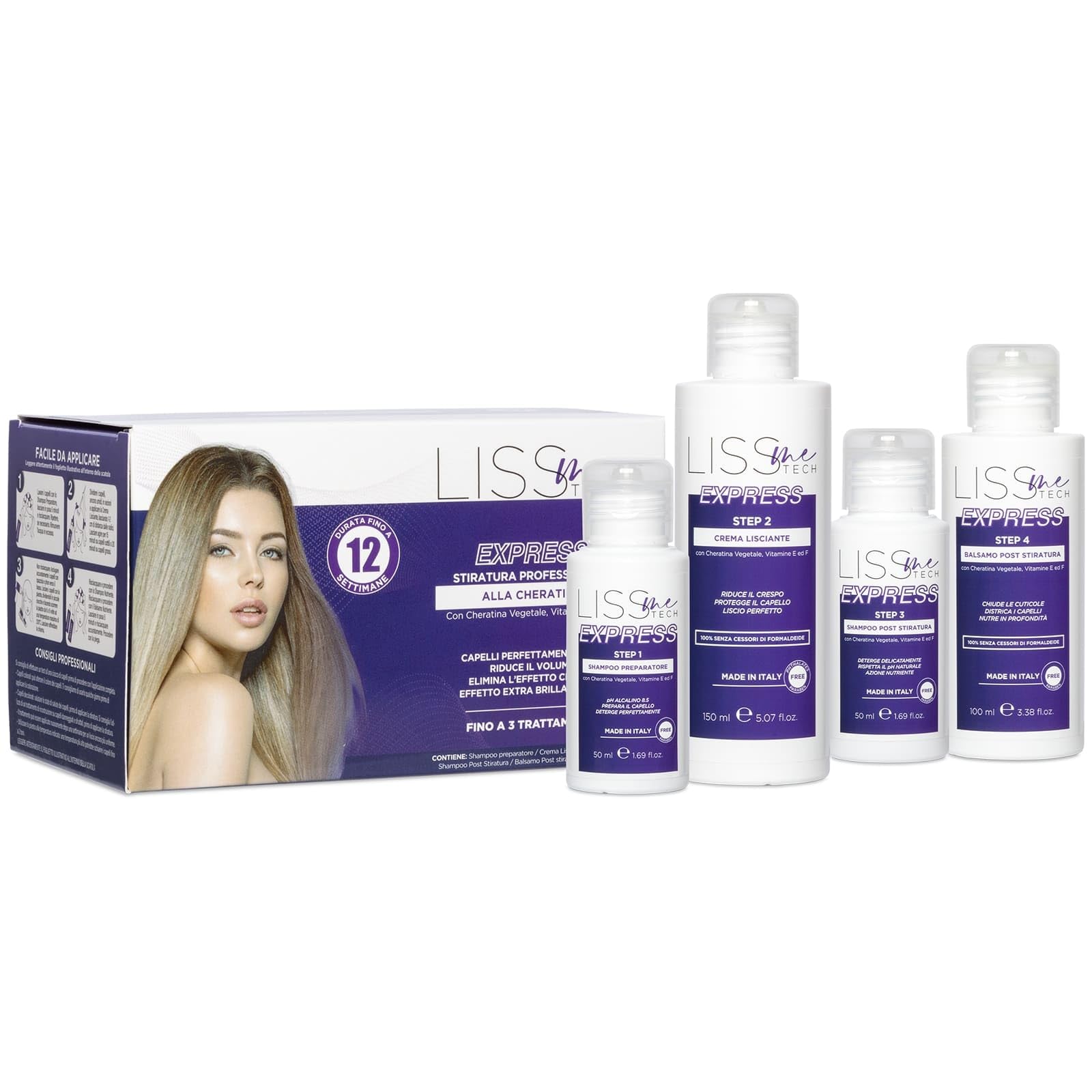 Kit alla Cheratina per Stiratura con Piastra, con Shampoo Preparatore, Crema Lisciante, Shampoo e Balsamo Post Stiratura, 350 ml