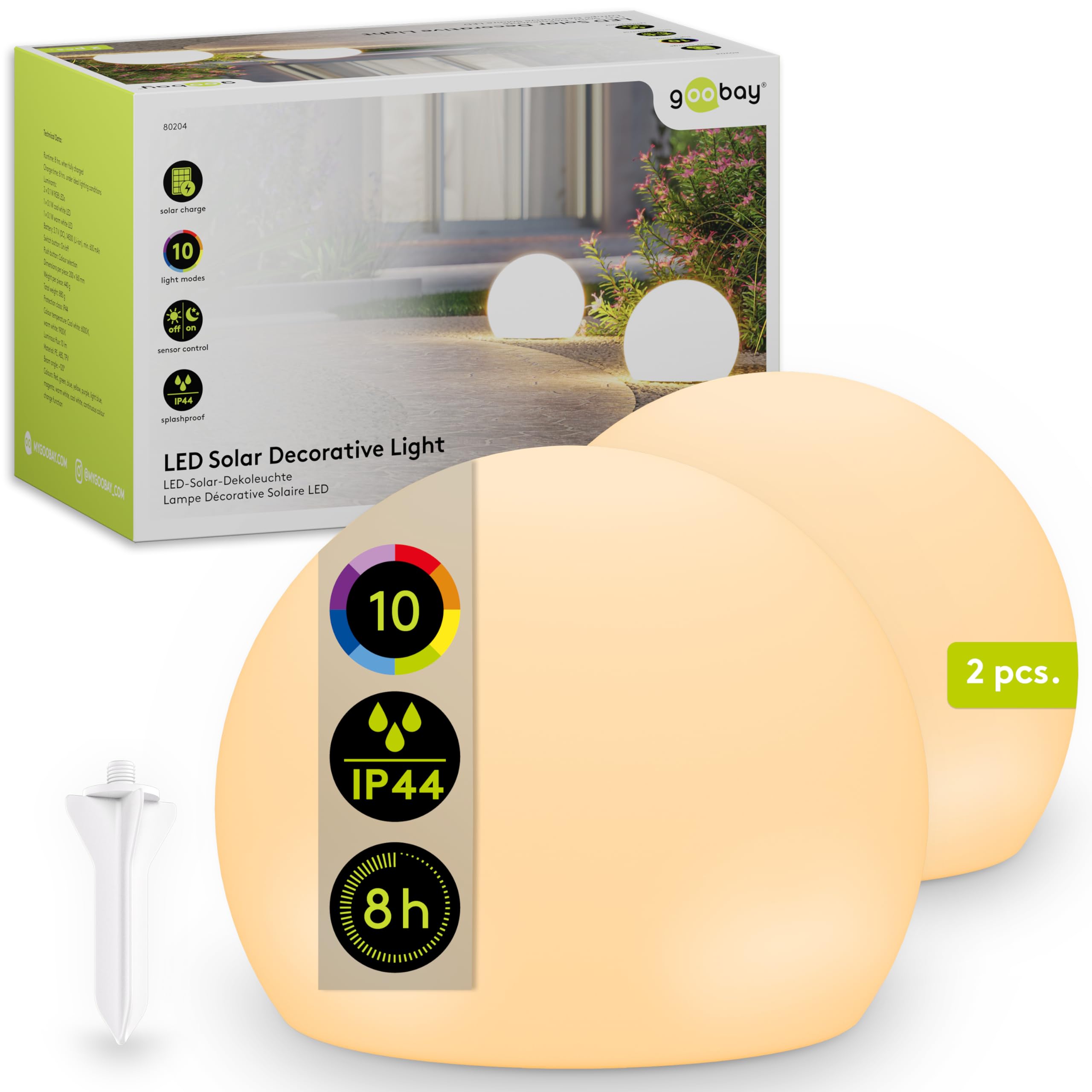 goobay LED Solarkugel 2er Set 20 cm - RGB Leuchtkugel für Außen, Winterfest IP44, Wetterfest | Solarleuchte, Deko Lampe für Terrasse, Balkon, Garten | Stimmungslicht mit 10 Leuchtmodi und Erdspieß