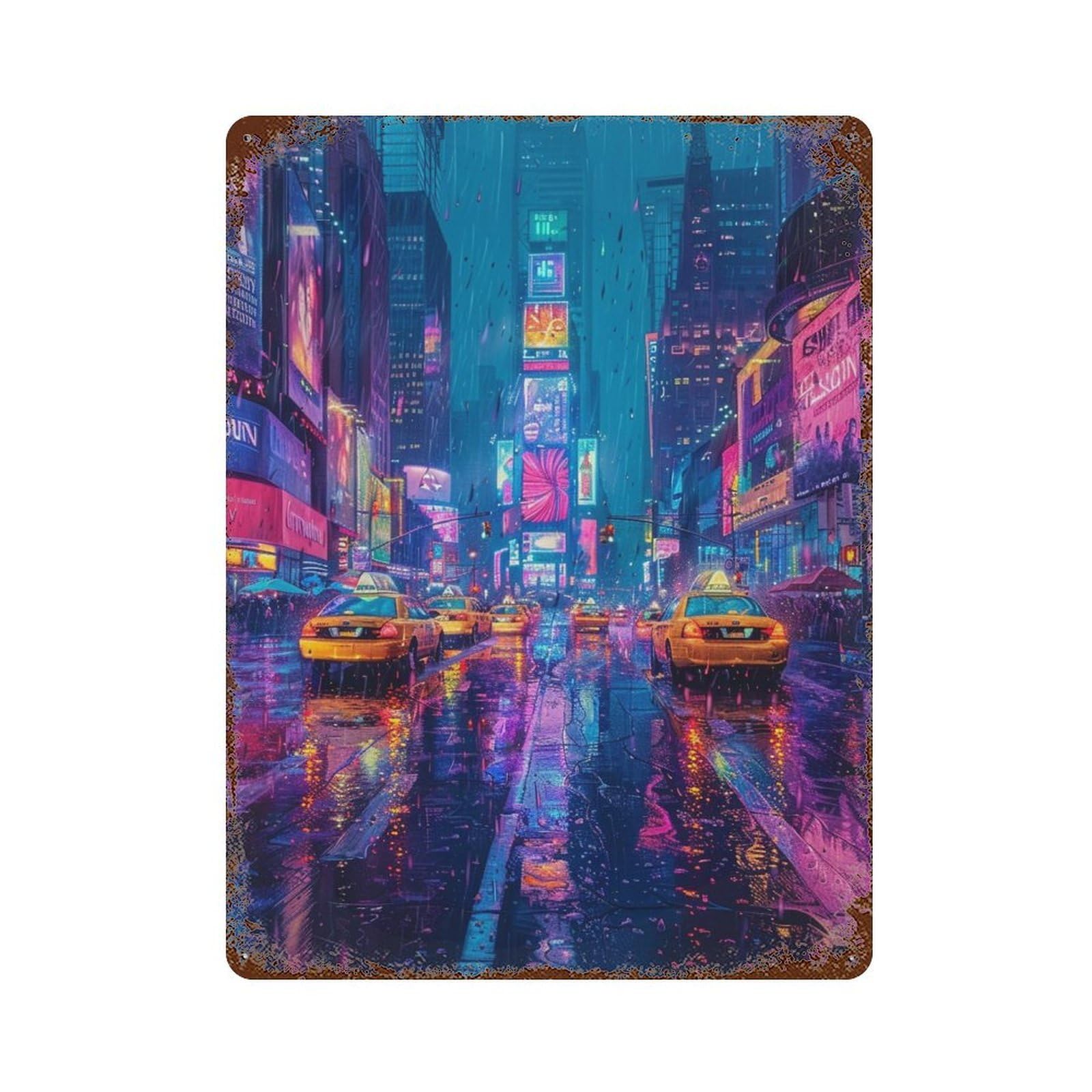Rainy City Lights-1 15.7"x11.8" Vintage Rust Metal Sign, Classic Wall Plaque for Pub, Kitchen And Man Cave Decor