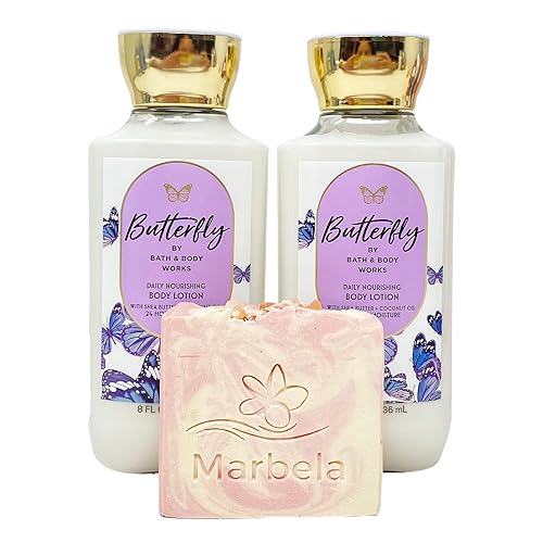 Bath & Body Works Butterfly Daily Nourishing Body Lotion Duo Set y un jabón en barra de sales del Himalaya Springs, tamaño completo