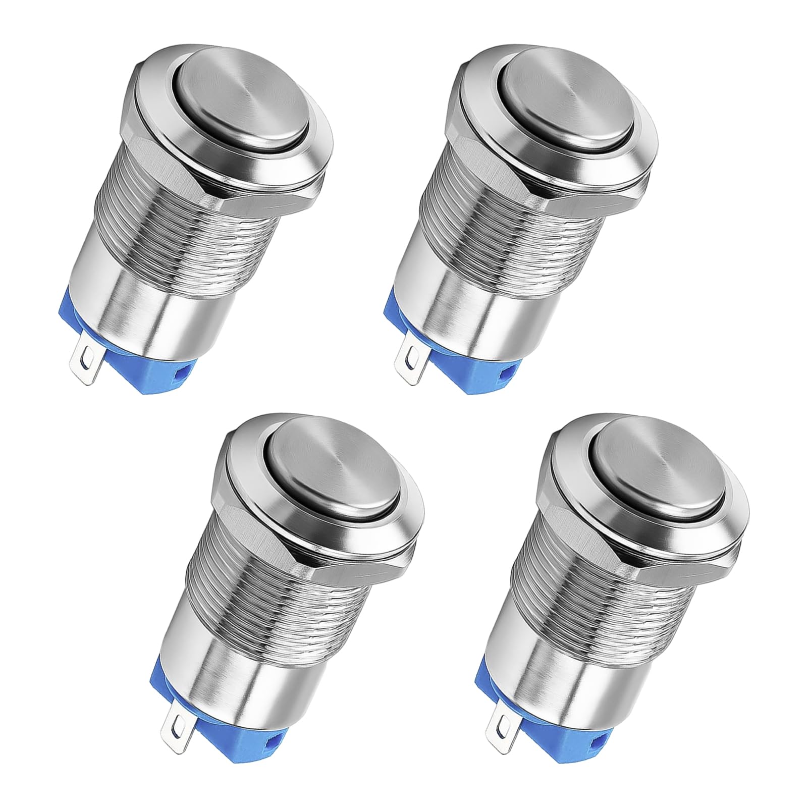 Zestaw 4 12 mm, 3 A, 12 V/24 V, AC, samozamykający, wodoodporny przełącznik przyciskowy 12 mm, wodoszczelność IP65 niklowany metal 3A, 12 V, 24 V, 125 V, 250 V, AC, włączany przełącznik przyciskowy