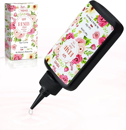 YIEHO 300g UV Harz klar, UV Resin hart, Verbessertes kristallklares Transparent UV Epoxidharz vorgemischt für Schmuck Herstellung DIY Handwerk mit Handschuhen