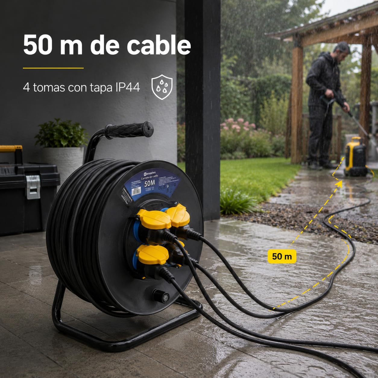 M mimotec - Avvolgicavo da Esterno 50m IP44 4 Prese 3200W 16A, Cavo H05RR-F 3G1,5 mm², Protezione Bambini, Ideale per Giardino, Cantiere e Officina
