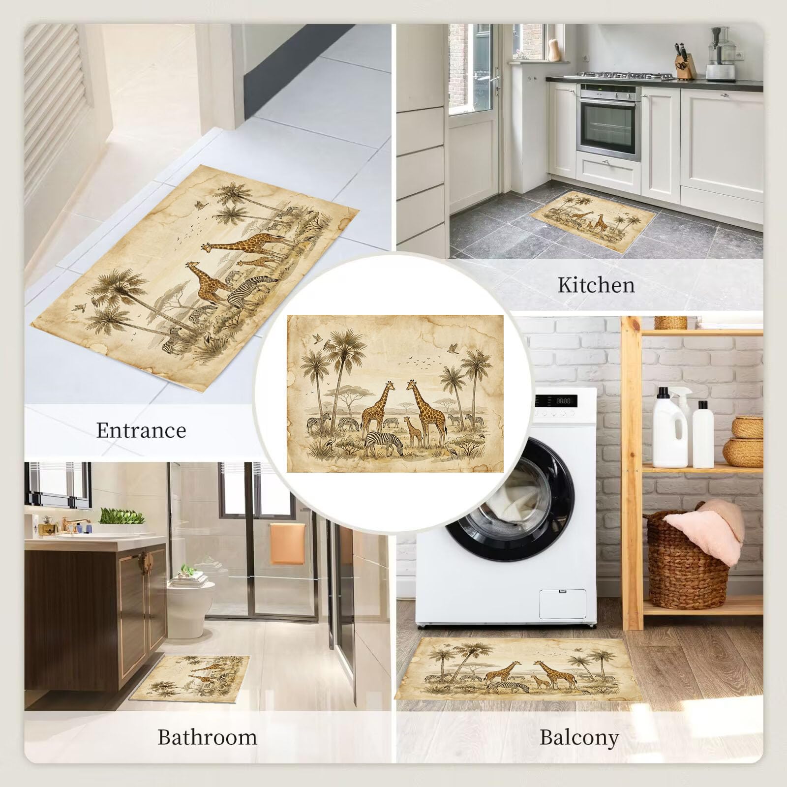 Waschbare Fußmatte Für Innen Retro-Afrikanische Tiere Motiv - 90X150Cm Natürliche Giraffen Elefanten Fußabtreter Küche Bodenmatte Teppich Rutschfeste Willkommensmatte Schmutzfangmatte - Beige