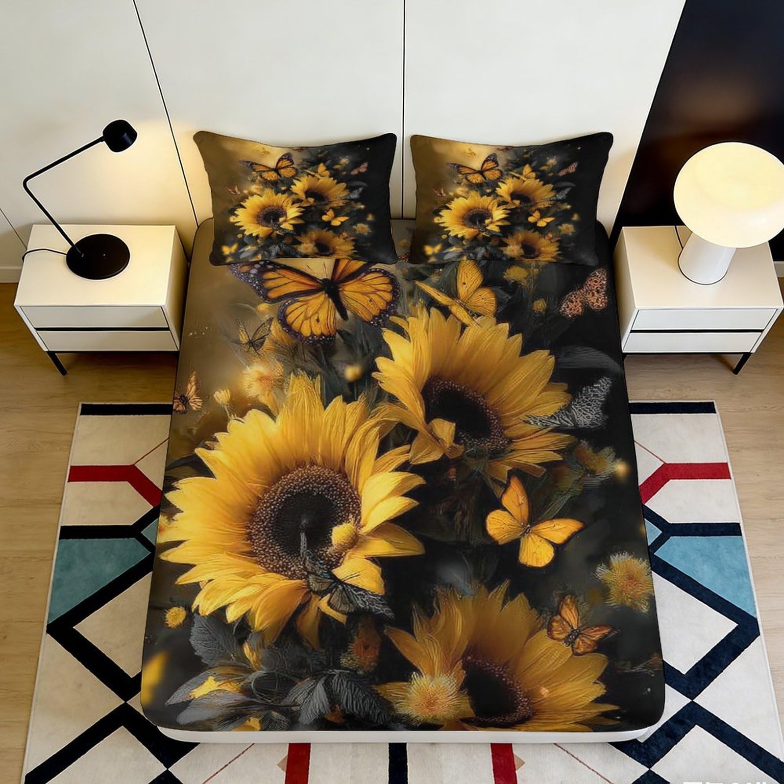3D Printed Sunflower Butterfly Fitted Sheet Microfiber Deep Pocket Bedroom Bedding Sunflower Mattress Fitted Cover for Adults Washable 90x200x25cm