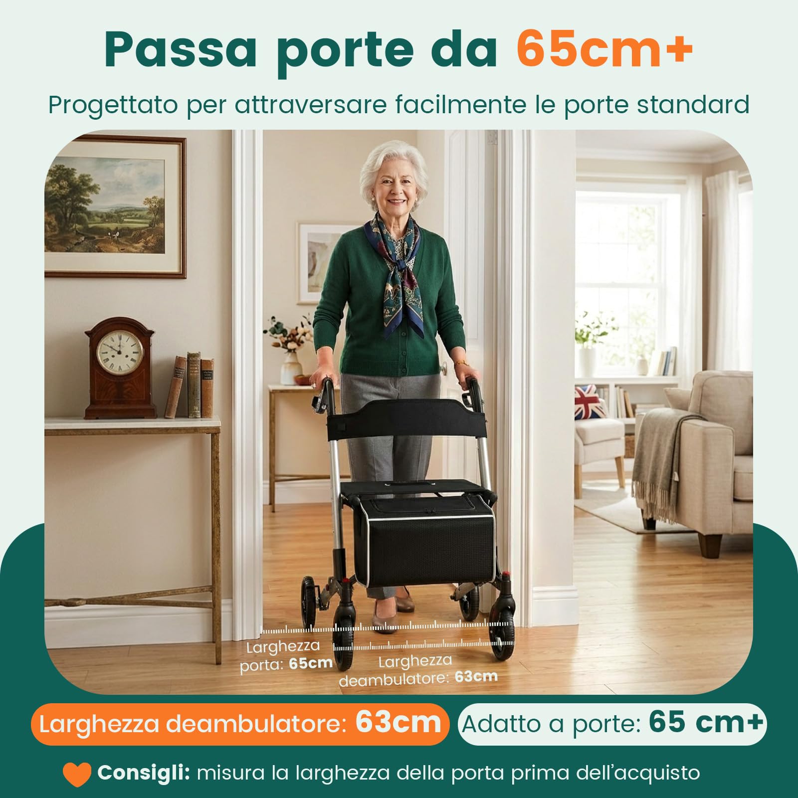 Rollator con seduta, Rollator a 4 ruote pieghevole per adulti, Portata fino a 136 kg, Sistema di doppio freno, Ruote da 8"", 6 livelli di altezza regolabile, Borsa rimovibile & Schienale – Argento
