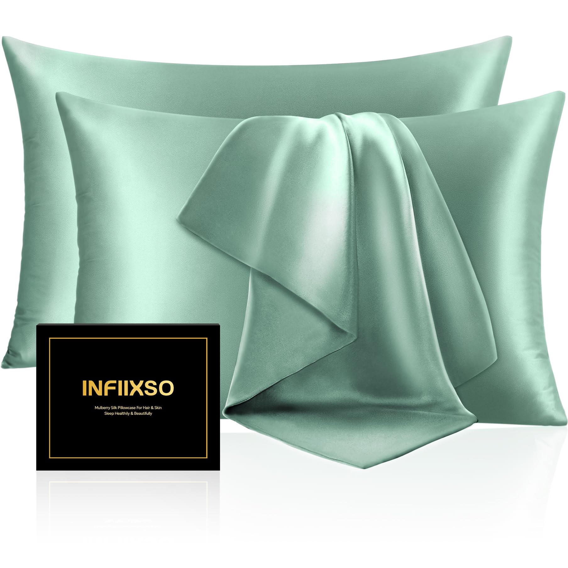 INFIIXSO Mulberry Silk Pillowcase for Hair and Skin, Silk Pillow Cases Queen Size Set of 2 with Hidden Zipper 20x30 Inches, Smooth and Soft Cooling Pillow Cases for Hot Sleepers(Mint Green, 2 Pack)