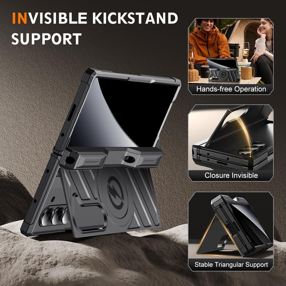 Armor Magnetic Case for Samsung Galaxy Z Fold 6 with S Pen Holder, Fit for Magsafe, [Built-in Kickstand, Privacy Screen Protector, Hinge Protection] Shockproof Heavy Duty ZFold 6 Phone Cover, Black - Image 5