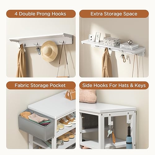Miniatura 2 de Aiho Árbol de pasillo con banco de zapatos, industrial 4 en 1, perchero con 4 ganchos, 5 cubos de almacenamiento, para entrada, pasillo, color