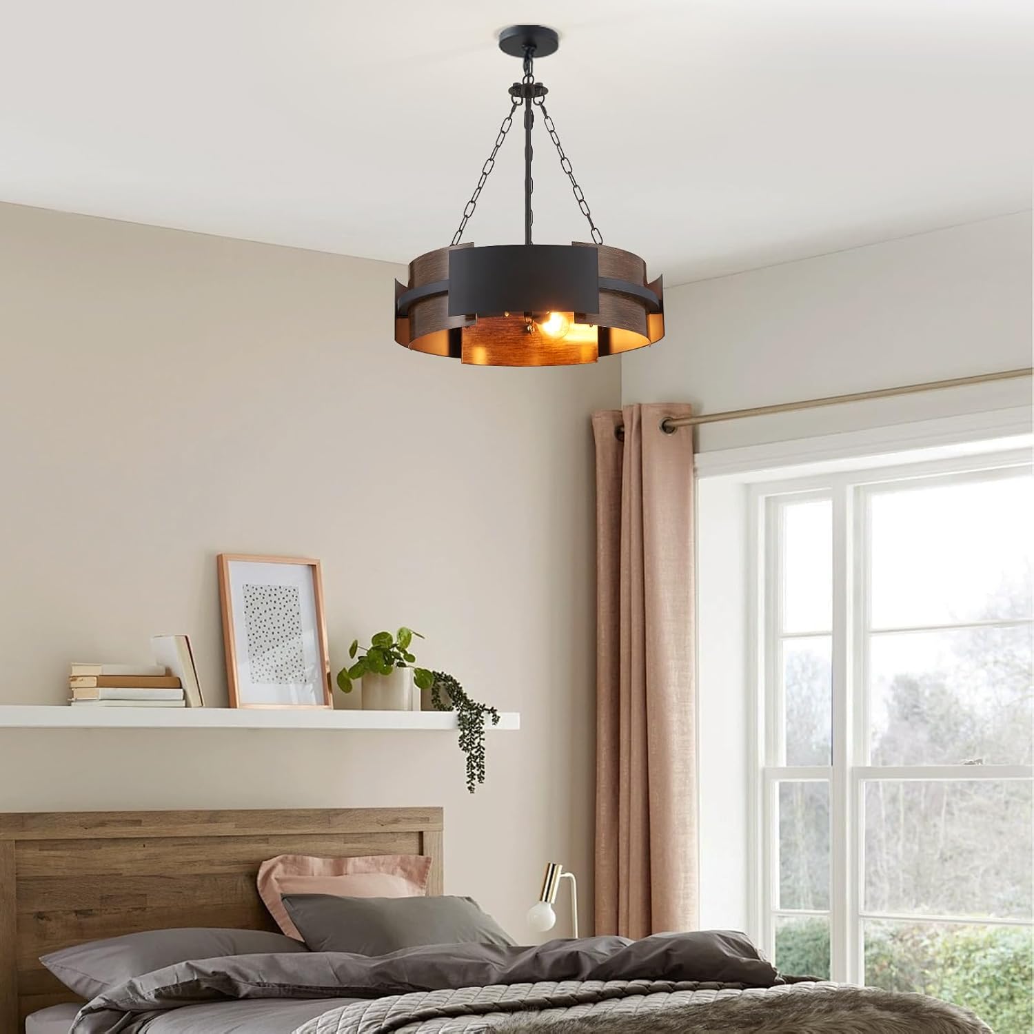 Farmhouse Drum Chandelier D20-Inch Height Adjustable Pendant Lighting Fixture 4-Light Ceiling Light for Dining Room Kitchen Island Living Room Office Black and Walnut Grain Finish