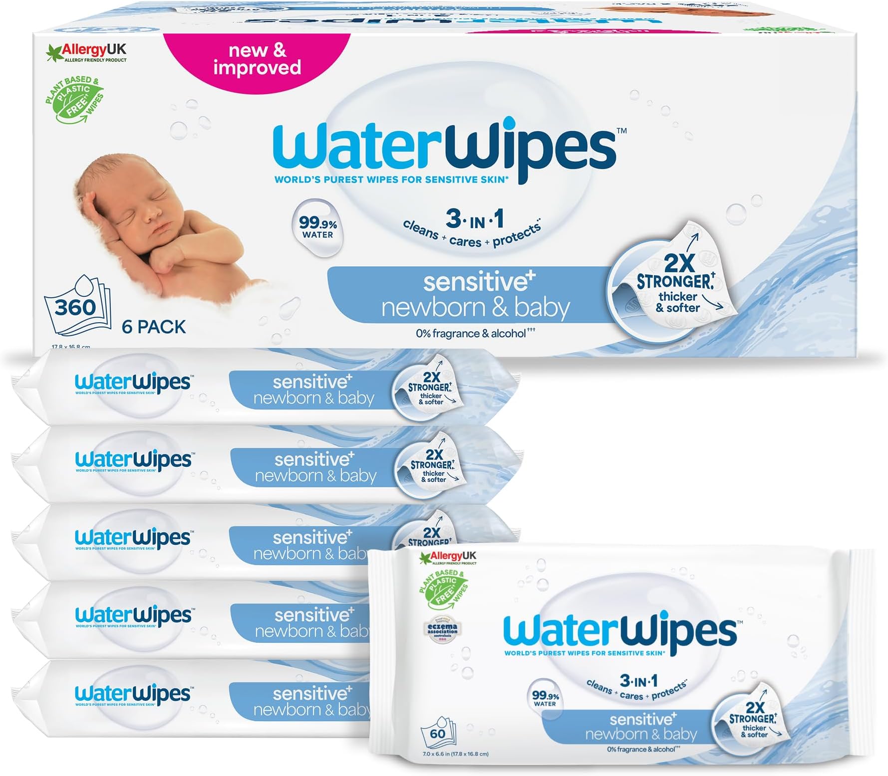 Sensitive+ Newborn & Baby Wipes, 360 Count (6 Packs), 3-In-1 Cleans, Cares, Protects, 99.9% Water, Unscented