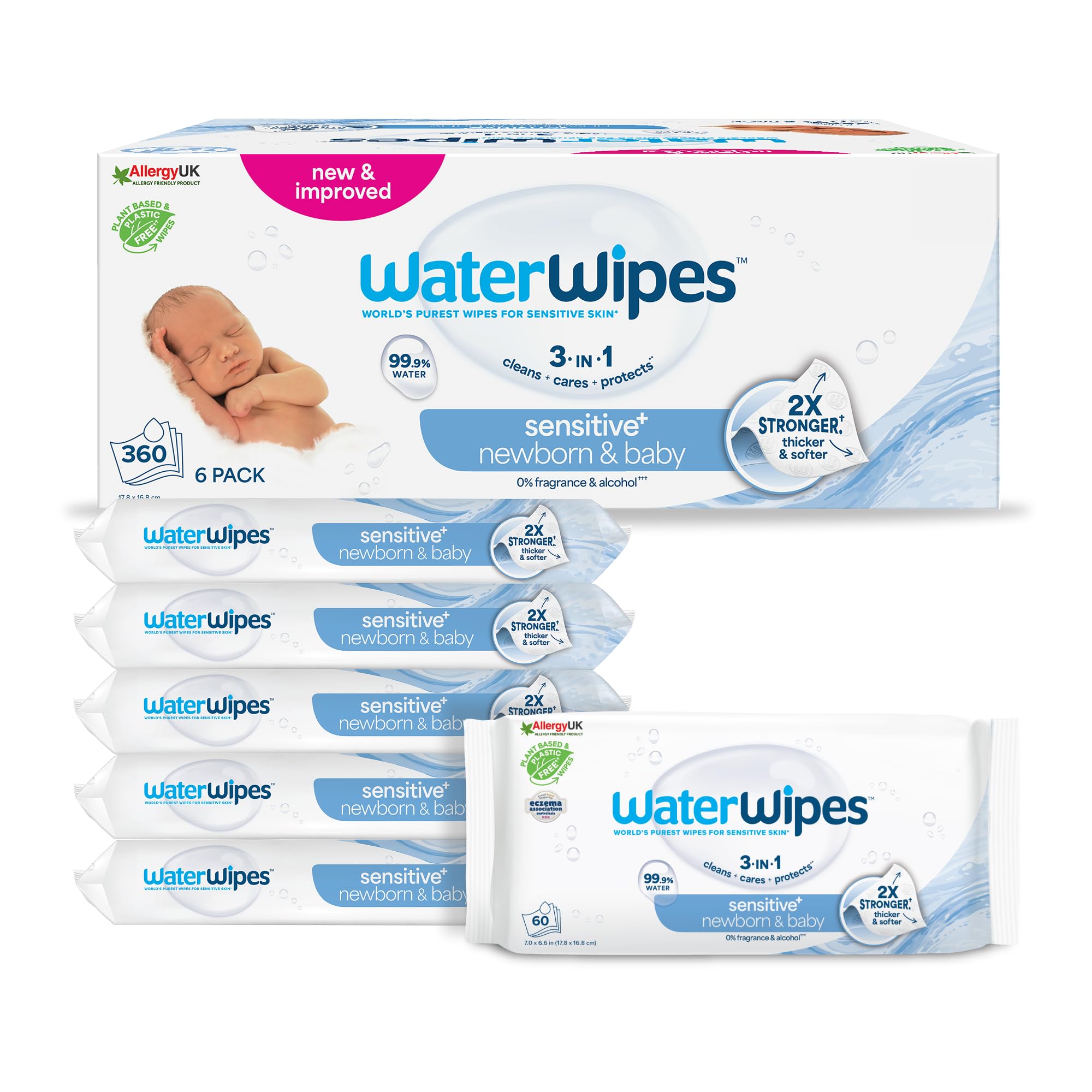 Sensitive+ Newborn & Baby Wipes, 360 Count (6 Packs), 3-In-1 Cleans, Cares, Protects, 99.9% Water, Unscented