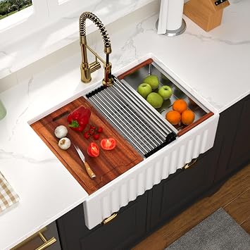 30 White Farmhouse Sink Workstation 30x20 Inch Reversible Fireclay Porcelain Ceramic Apron Front Kitchen Sink Single Bowl 10 Inch Deep Farm Style Basin