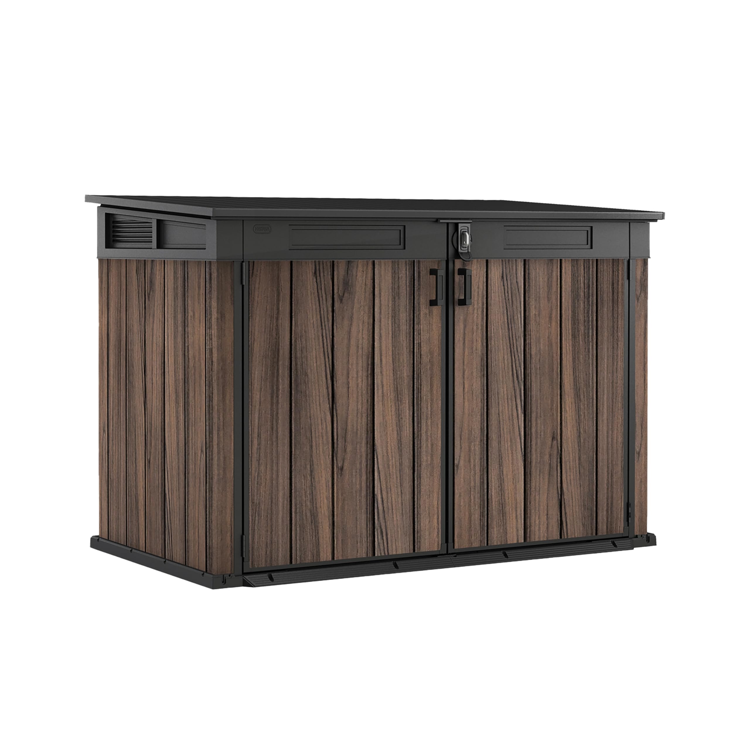Keter Signature Gartenschrank, wetterfest, 2020 L Stauraum, abschließbar, mit Gasdruckfedern, Rosenholz-Optik, 190,5 x 109,3 x 132,5 cm, Mülltonnenbox für 2X 360l Tonnen