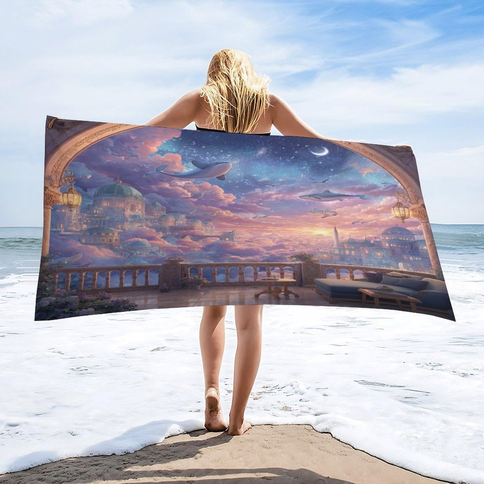 Luyysky Beautiful Abstract Animal Whale Quick-Drying Beach Towel, Dreamy Watercolor Starry Sky Galaxy Castle Bird Cloud Pattern Travel Vacation Single Sided Pile Bathroom Towels-80 W Cm X 160" L Cm