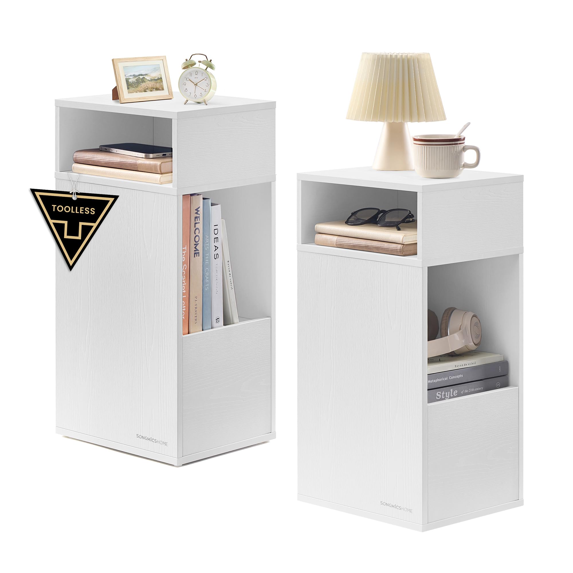 SONGMICS Home Nachttisch 2er Set, superschnelle werkzeuglose Montage, Toolless-Technologie, Nachtschrank mit Schublade, Beistelltisch schmal, platzsparend, 30 x 25 x 59,4 cm, Schneeweiß LET912WE01