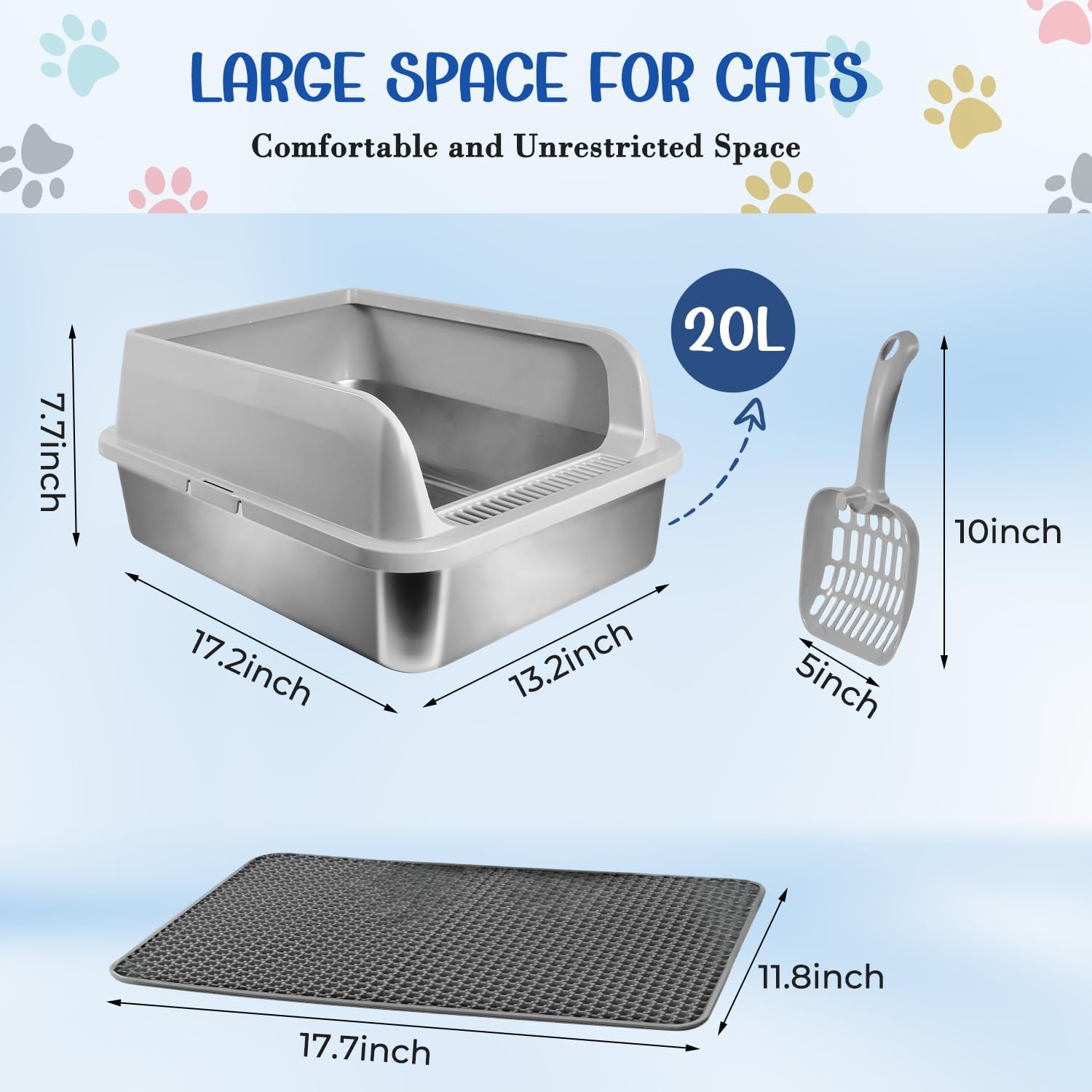 Stainless Steel Cat Litter Box with Lid, High Wall Kitty Litter Box for Small Cats, Metal Kitty Litter Box, Non-Sticky, Anti-Leakage, Easy Cleaning, Include Cat Mat and Scoop, 17.2"x13.2"x7.7"