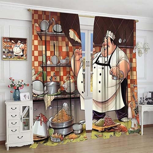Miniatura 4 de Cortina opaca de cocina para chef, retro, gourmet, de caricaturas, chef, cocina, patrón de comida gourmet, decoración del hogar, cortina con