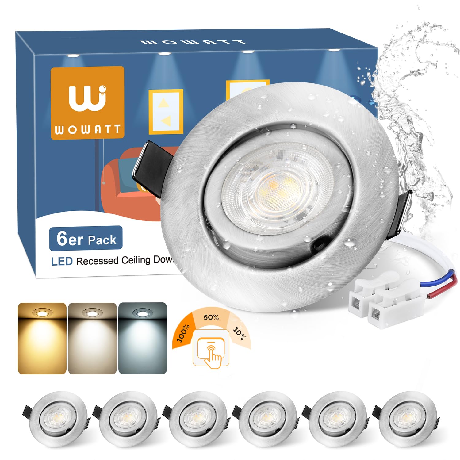 wowatt Faretti LED da Incasso per Cartongesso Dimmerabili 6W 640LM 3CCT | Regolabile Calda 3000K Naturale 4000K Fredda 6000K, Faretti da Soffitto Orientabili, IP44 Faretto incasso foro 68mm, Set da 6