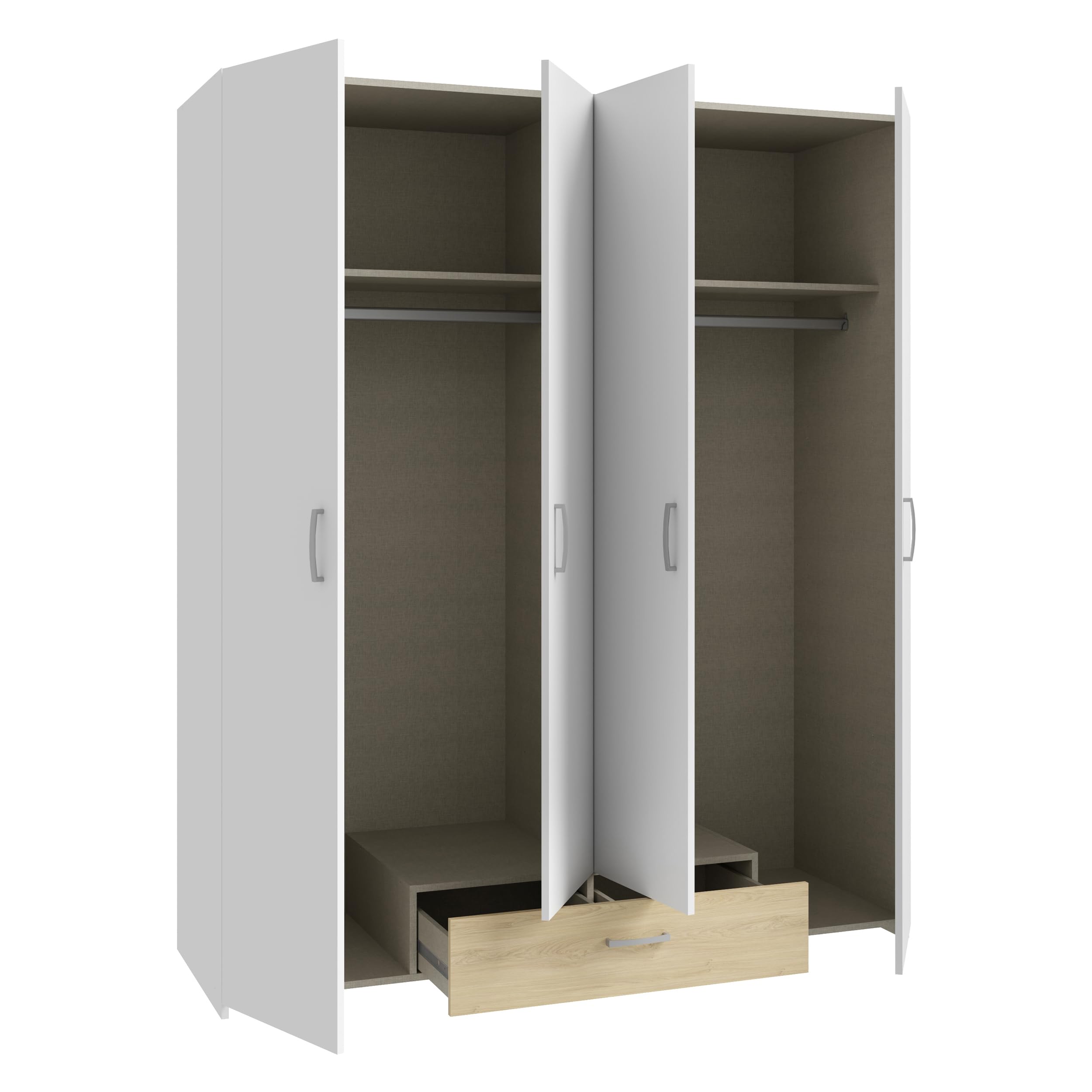 Forte ECONOBOX Kleiderschrank 160, 4-türiger Schrank mit viel Stauraum, Holzwerkstoff, Weiß/Puccini Eiche, 159,1 cm breit, 190,5 cm hoch, 54,4 cm tief