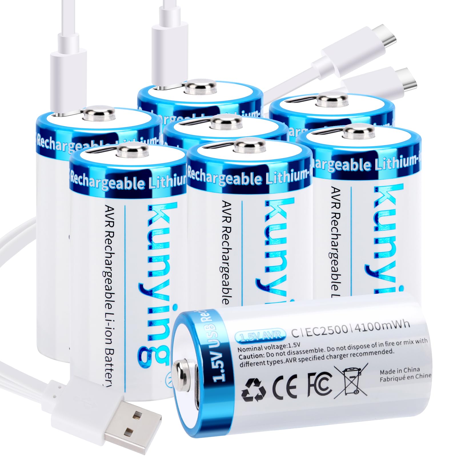 kunying Lithium C Batteries,Rechargeable C Batteries with 4 in 1 USB Charging Cable,2-Hour Fast Charge,High Capacity 4100mAh 1.5V C Cell Battery,8-Pack for Toys, Flashlights