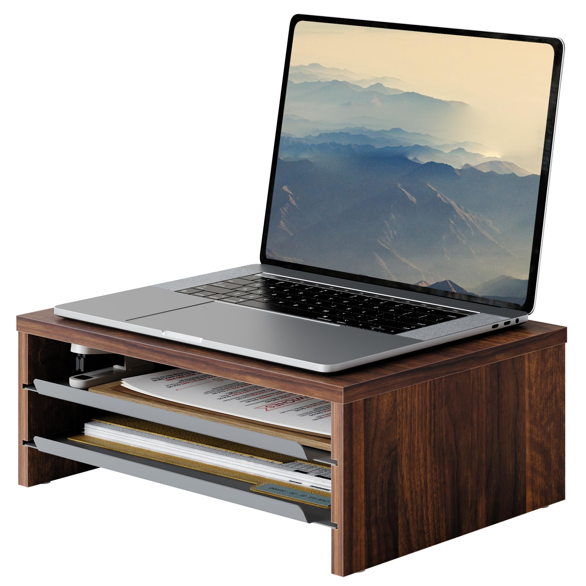 Support moniteur en bois et métal avec grand plateau organiseur marron